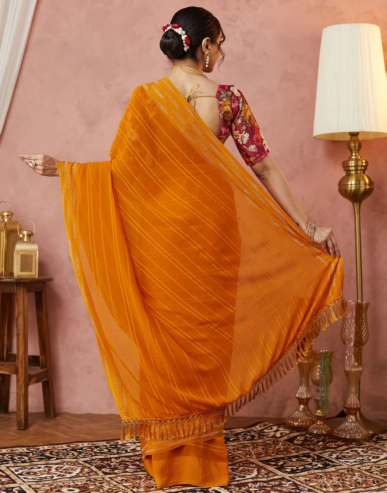 Mustard Yellow Georgette Swarovski Embellished Saree