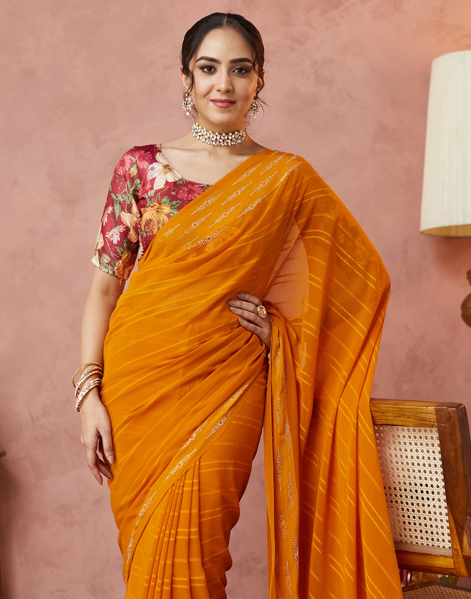 Mustard Yellow Georgette Swarovski Embellished Saree