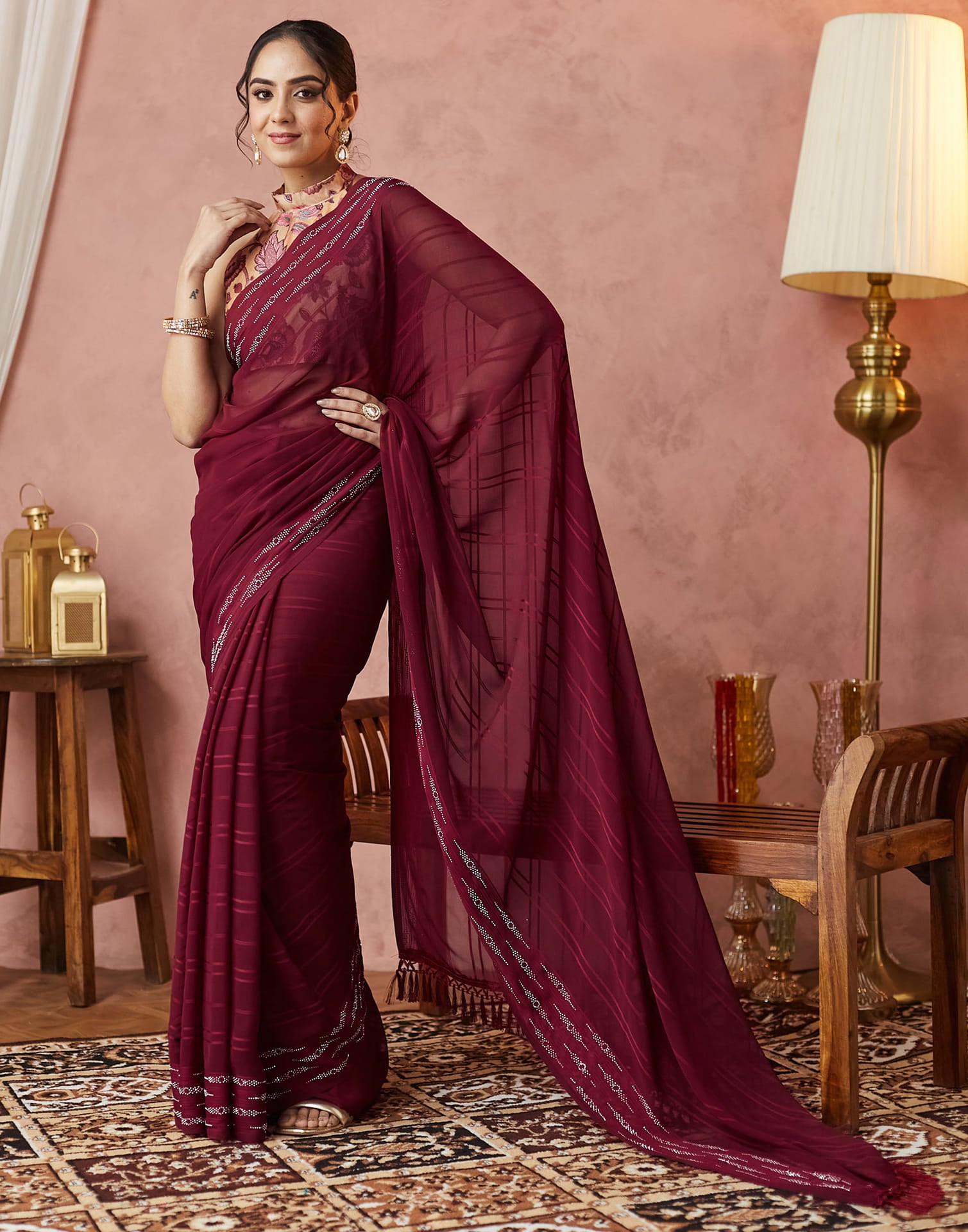 Maroon Georgette Swarovski Embellished Saree