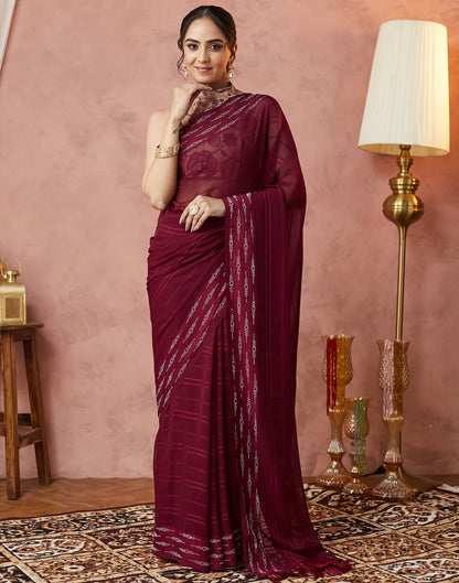 Maroon Georgette Swarovski Embellished Saree