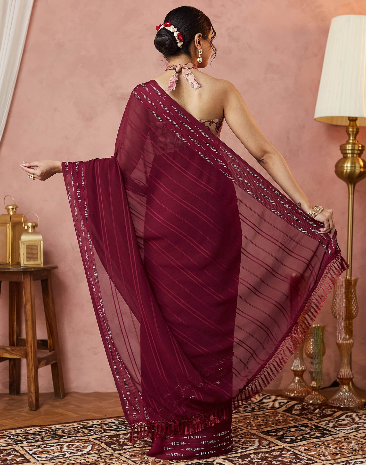 Maroon Georgette Swarovski Embellished Saree