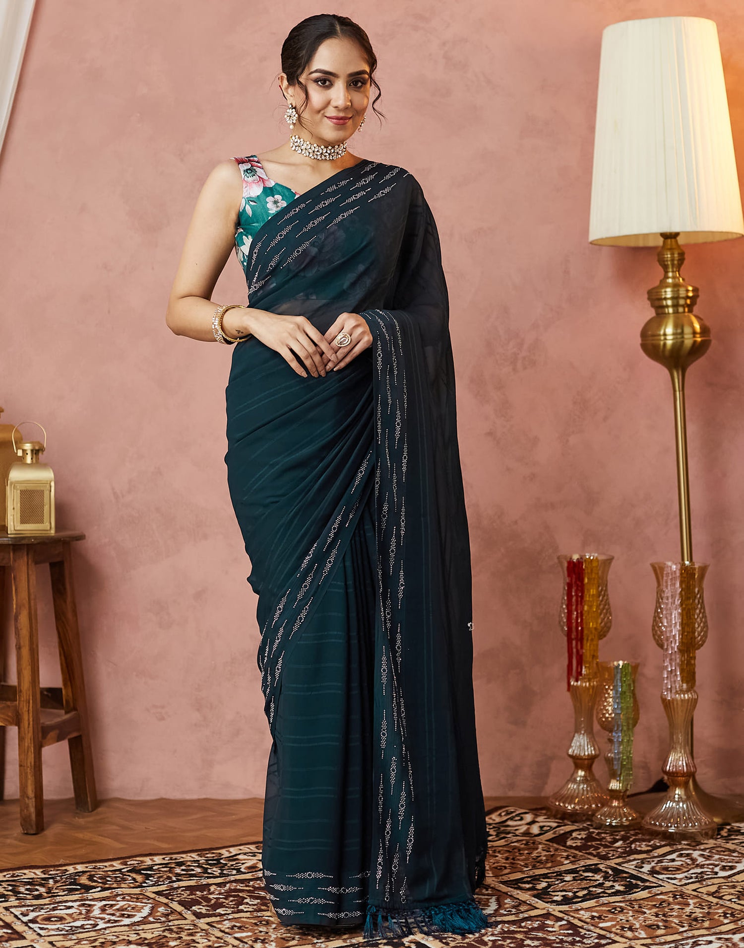 Dark Rama Green Georgette Swarovski Embellished Saree