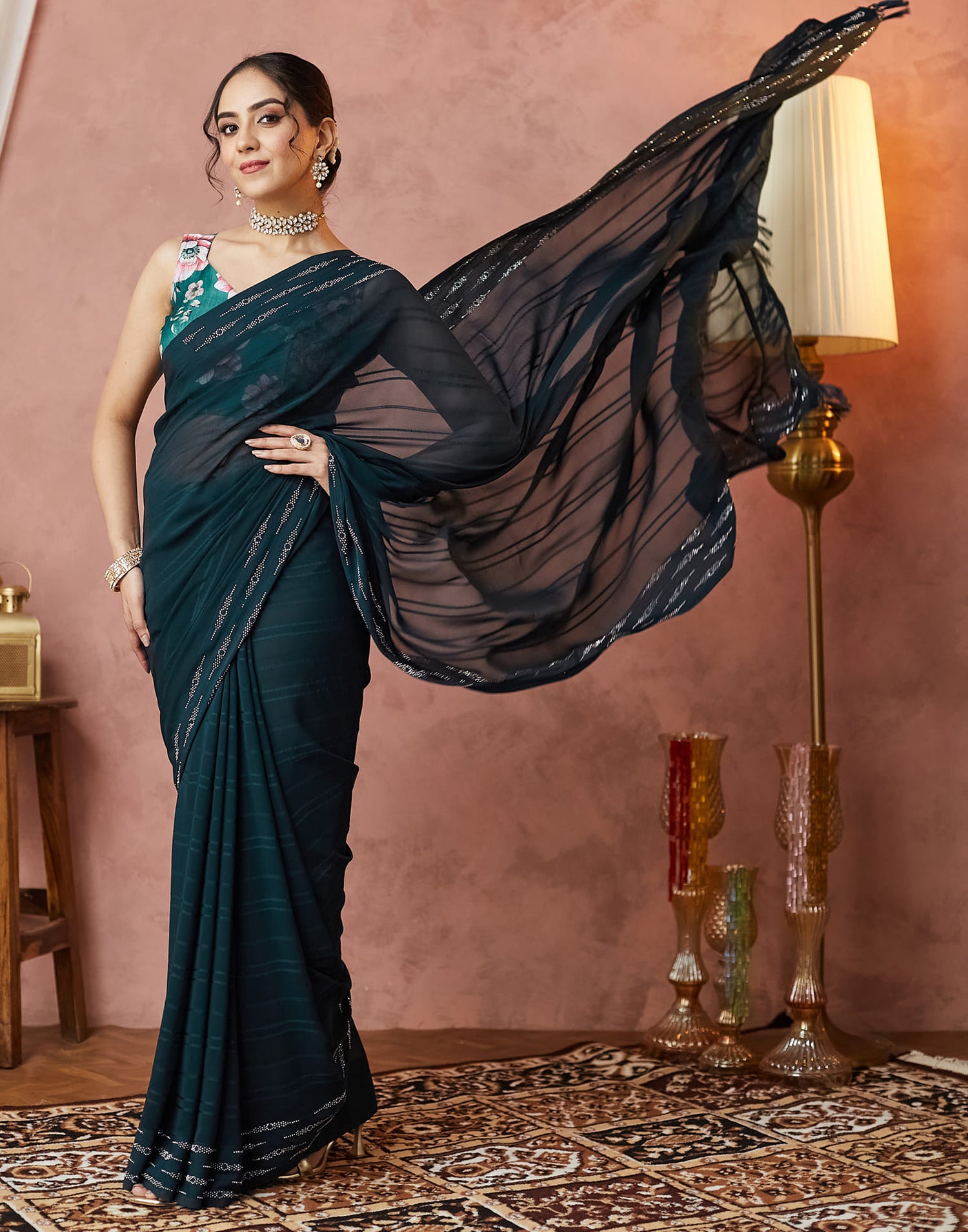 Dark Rama Green Georgette Swarovski Embellished Saree