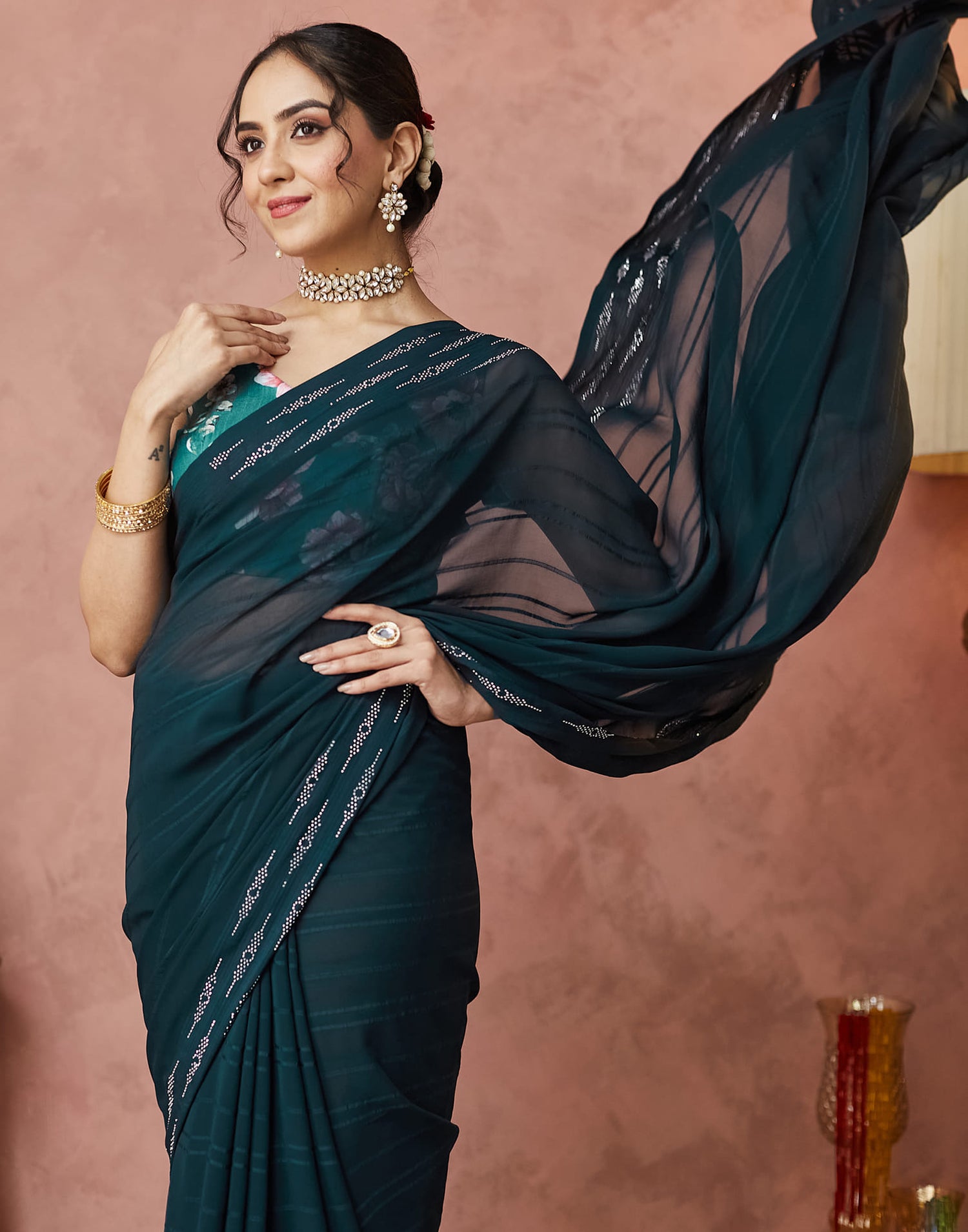 Dark Rama Green Georgette Swarovski Embellished Saree