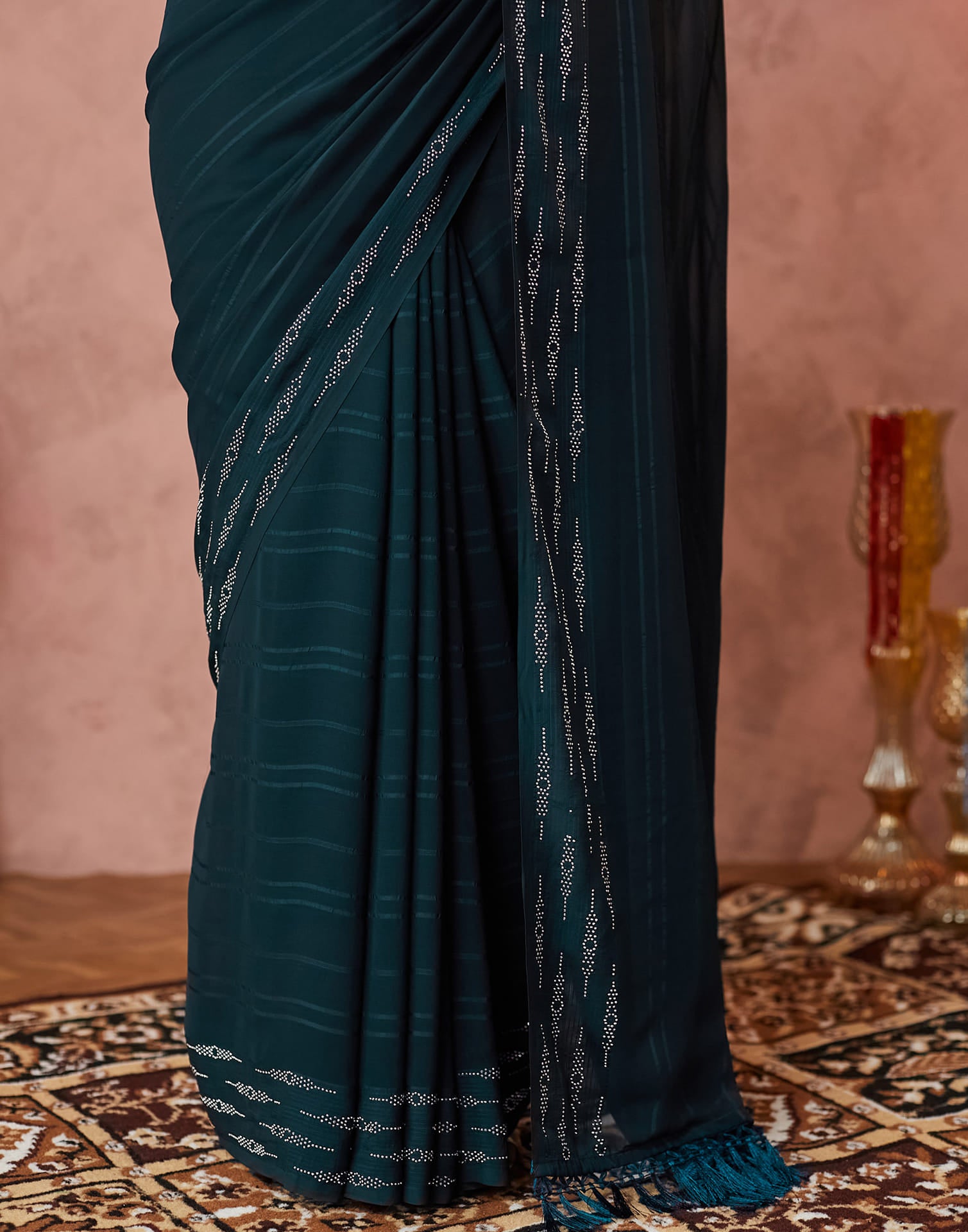 Dark Rama Green Georgette Swarovski Embellished Saree