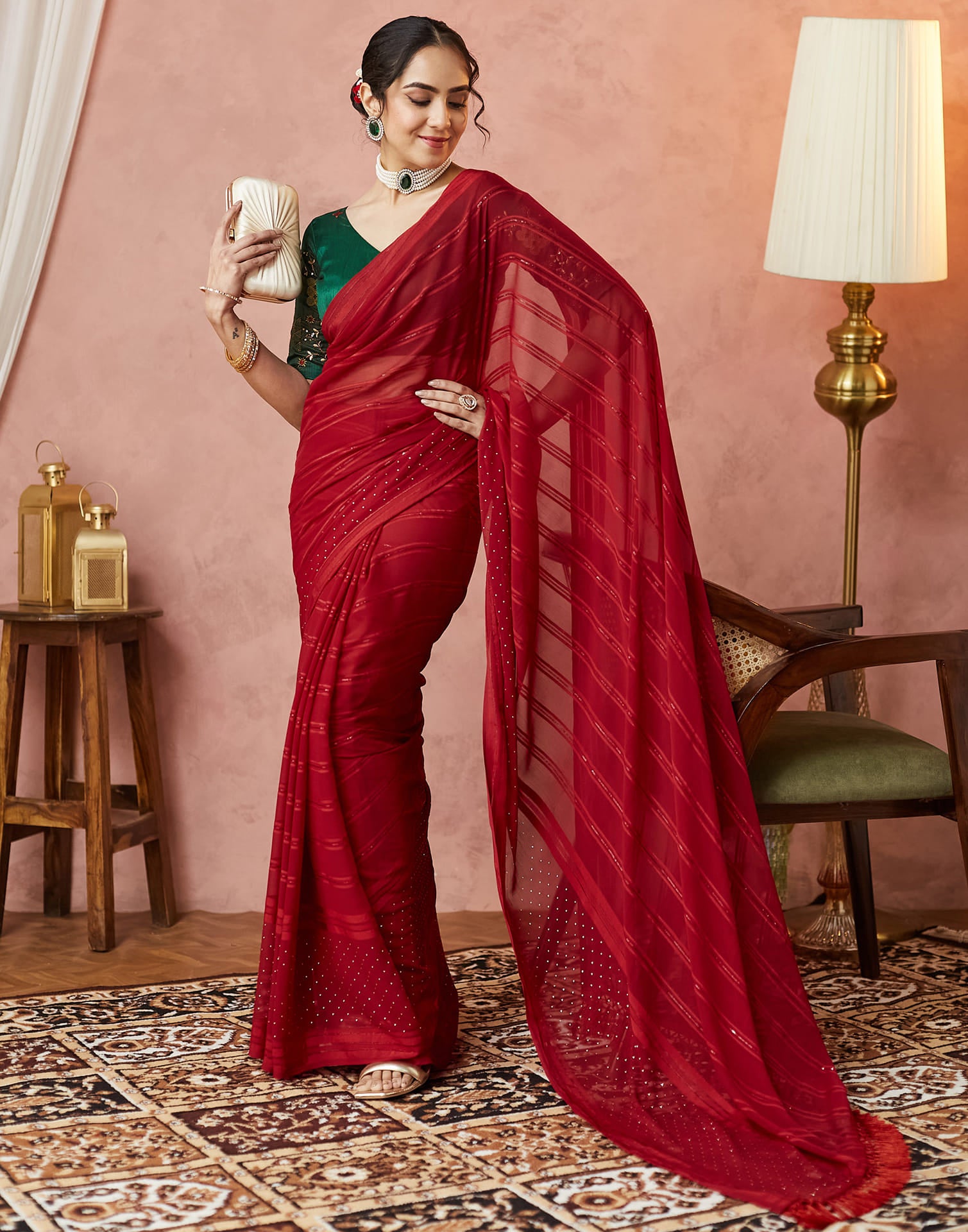 Red Georgette Swarovski Embellished Saree