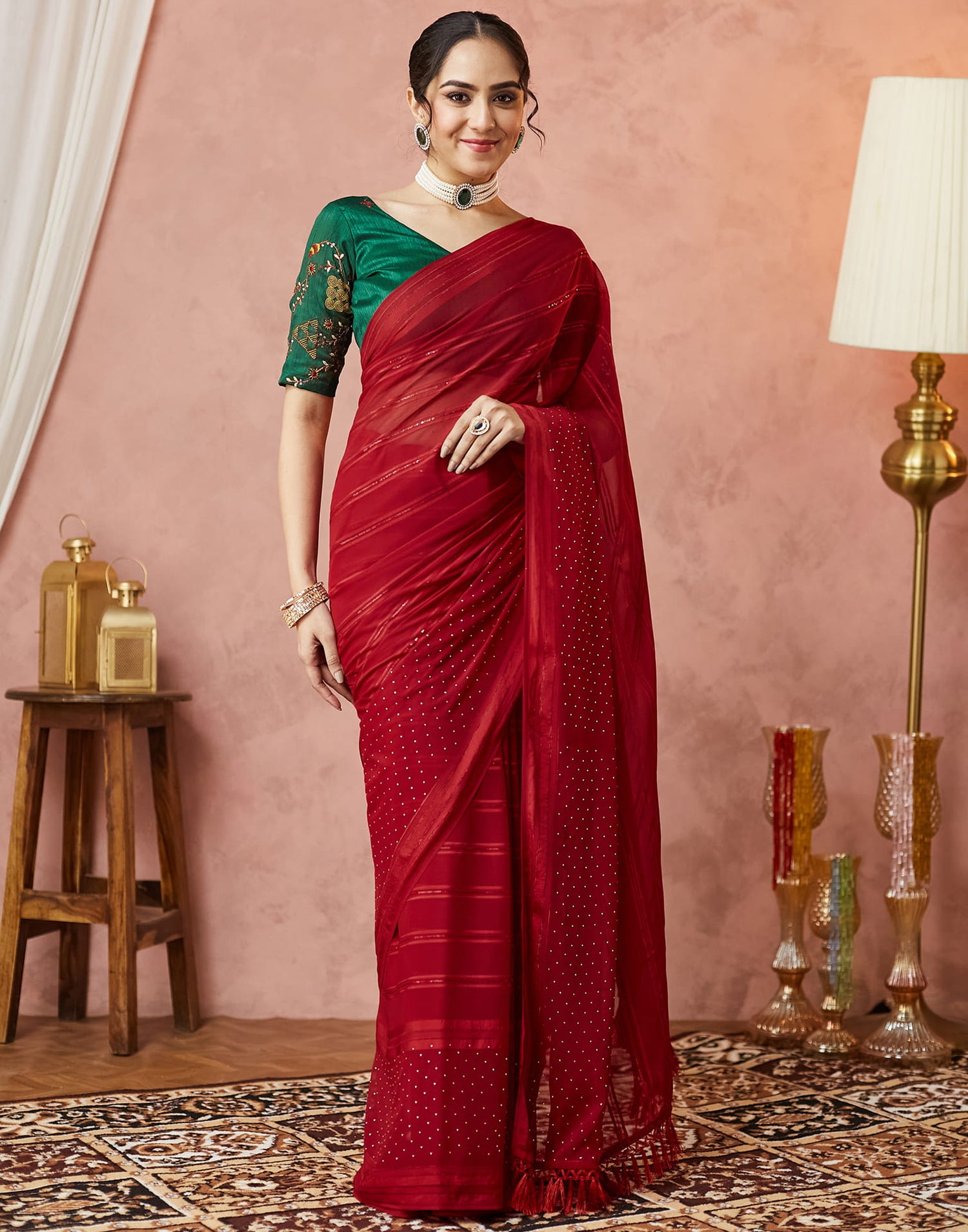 Red Georgette Swarovski Embellished Saree