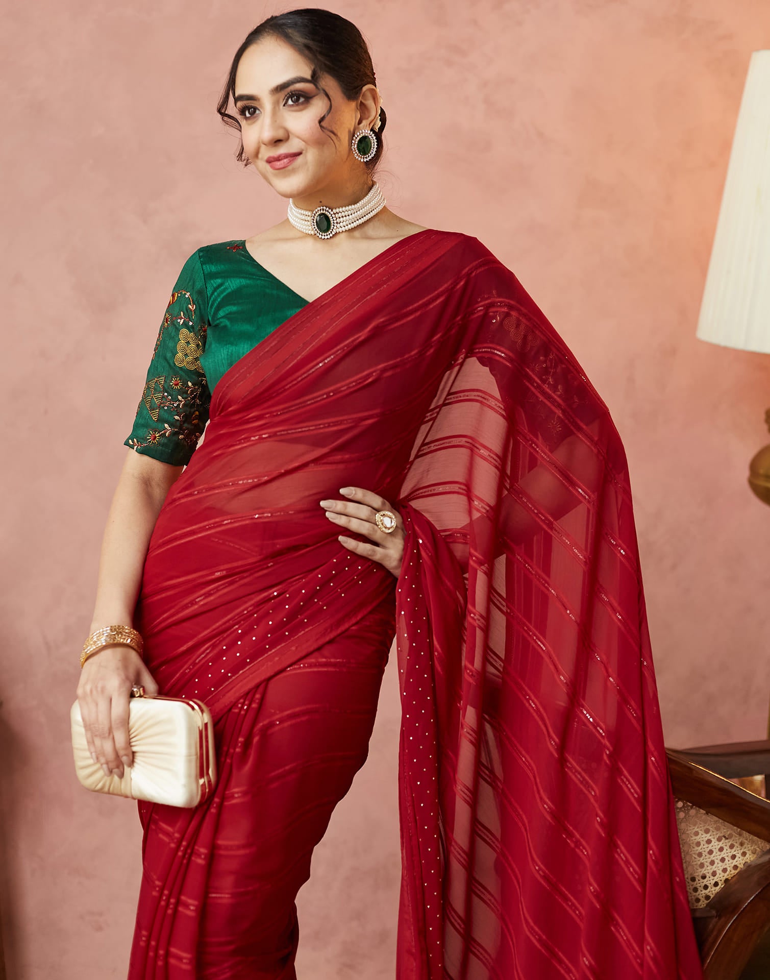 Red Georgette Swarovski Embellished Saree