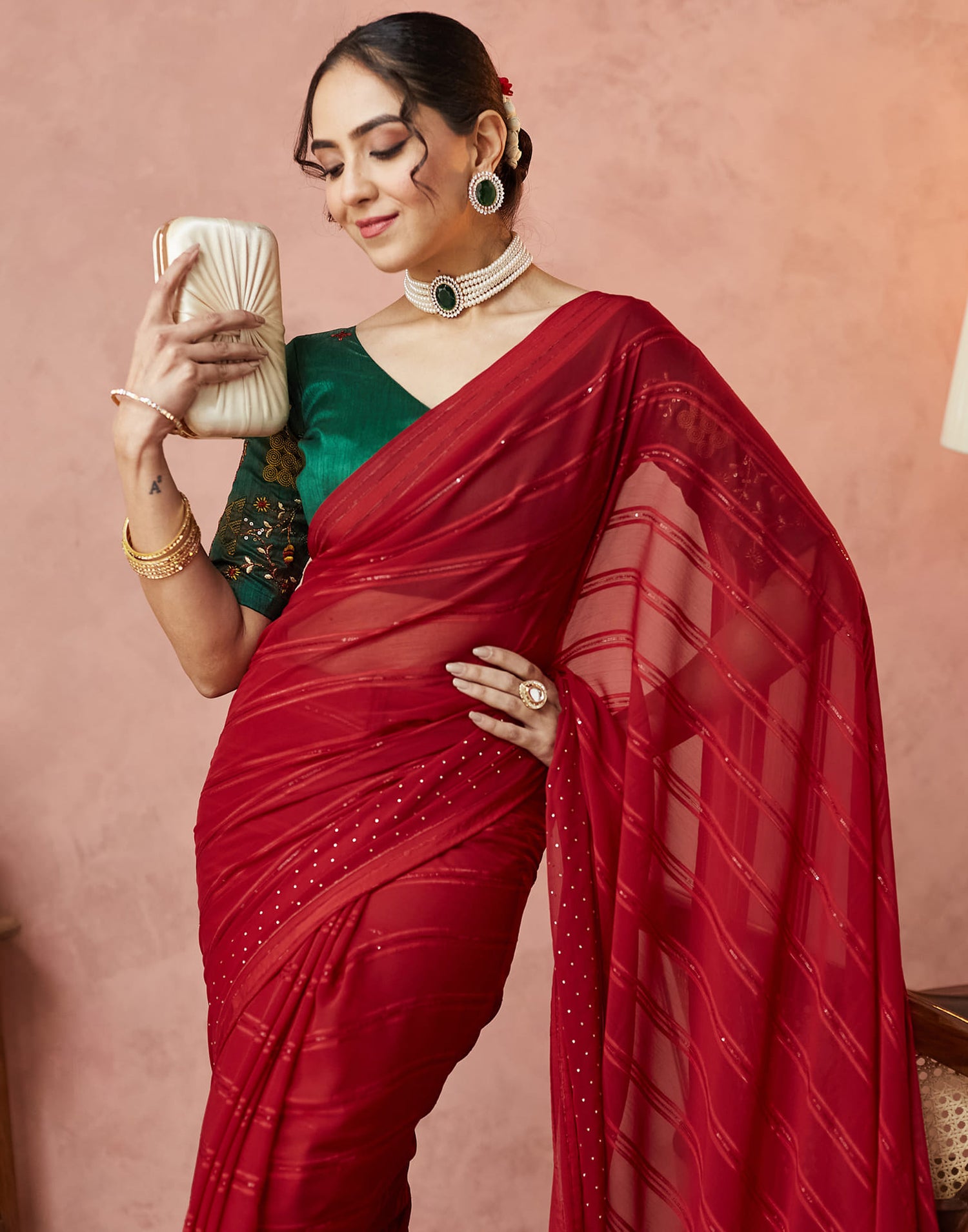 Red Georgette Swarovski Embellished Saree