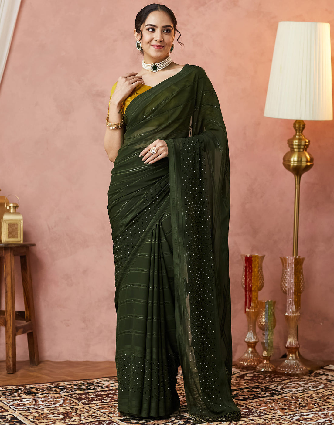 Olive Green Georgette Swarovski Embellished Saree