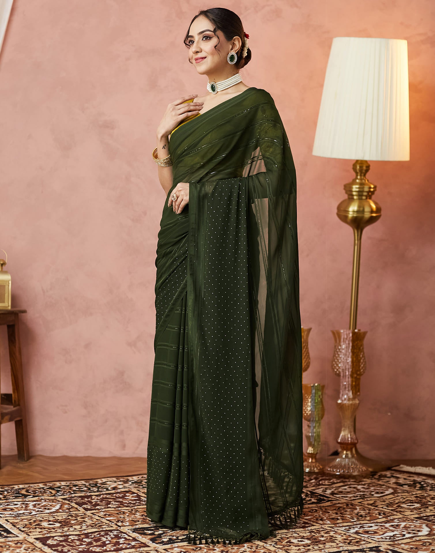 Olive Green Georgette Swarovski Embellished Saree