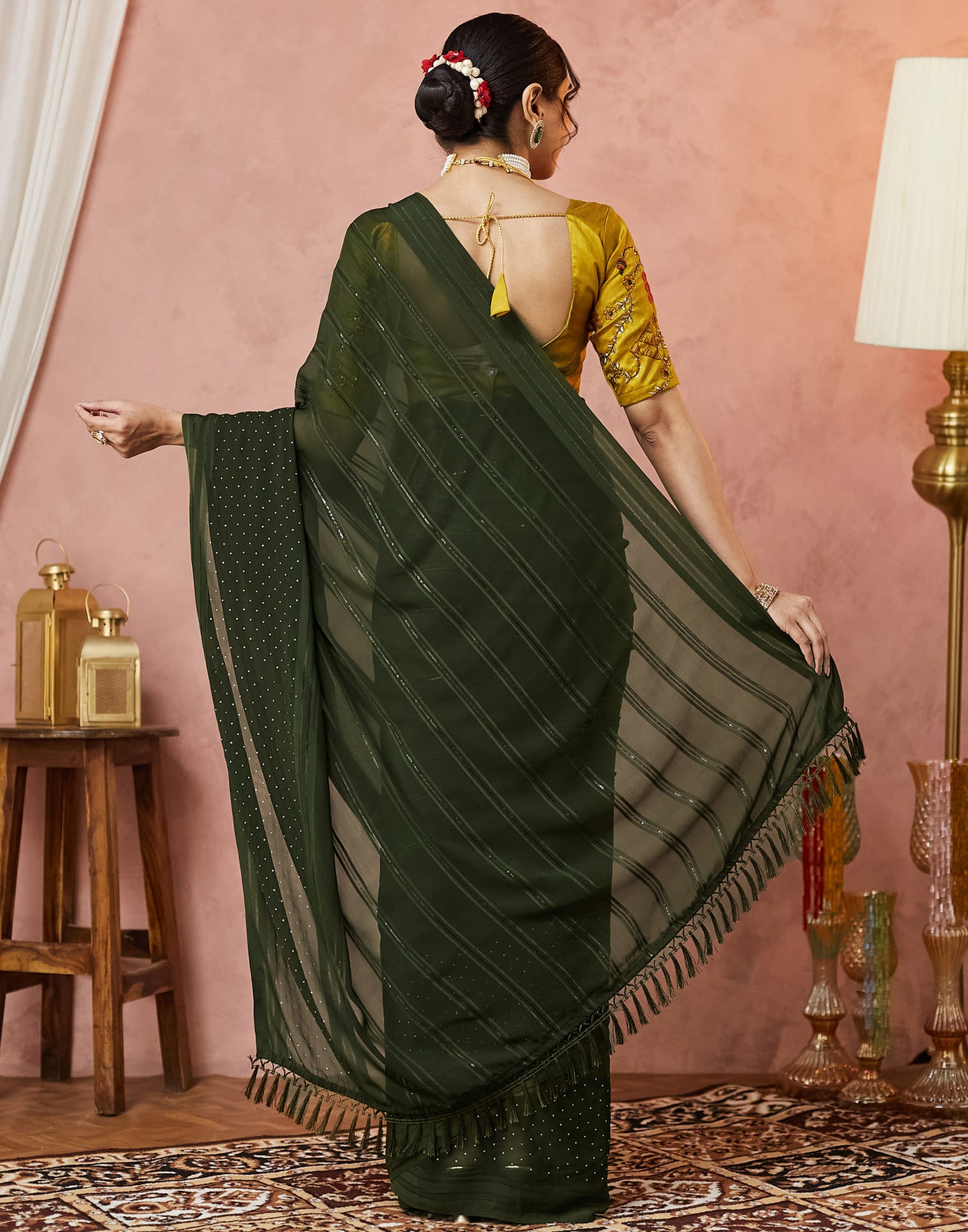 Olive Green Georgette Swarovski Embellished Saree