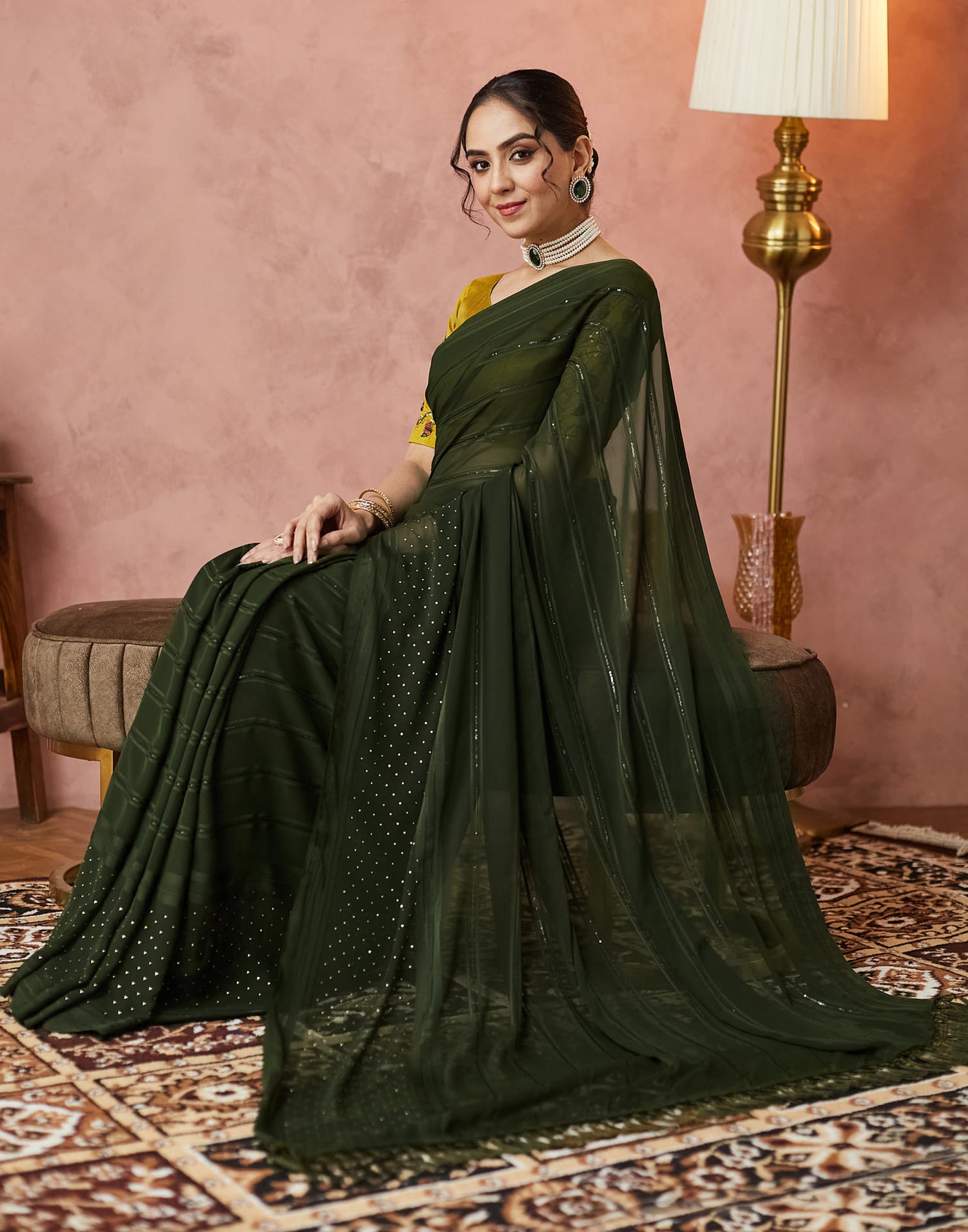 Olive Green Georgette Swarovski Embellished Saree