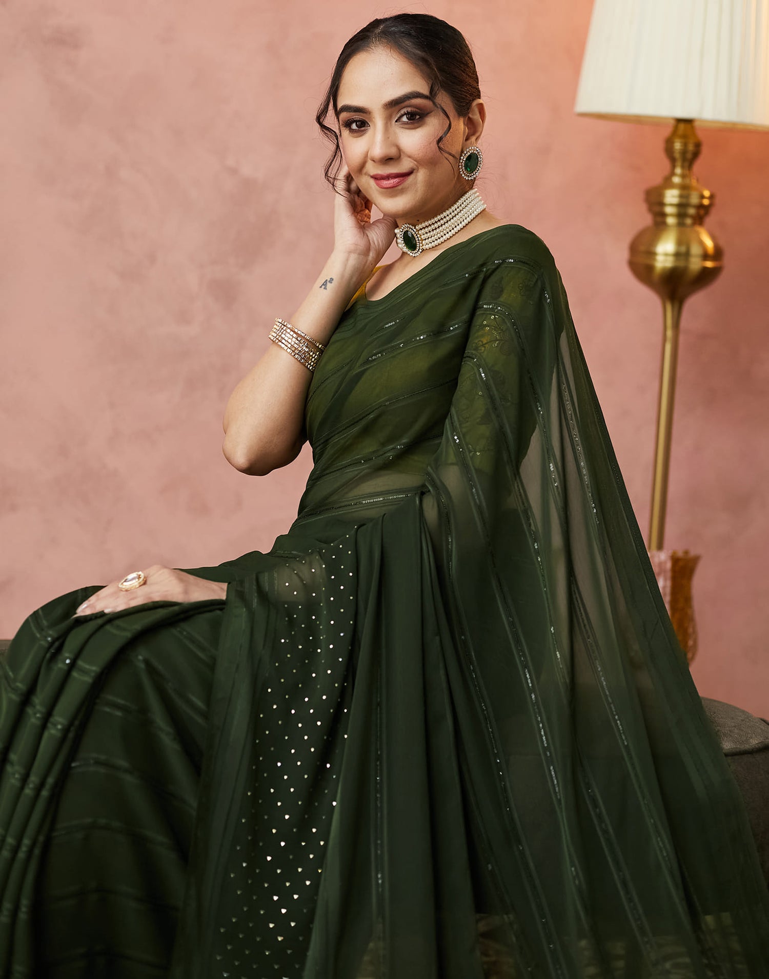 Olive Green Georgette Swarovski Embellished Saree