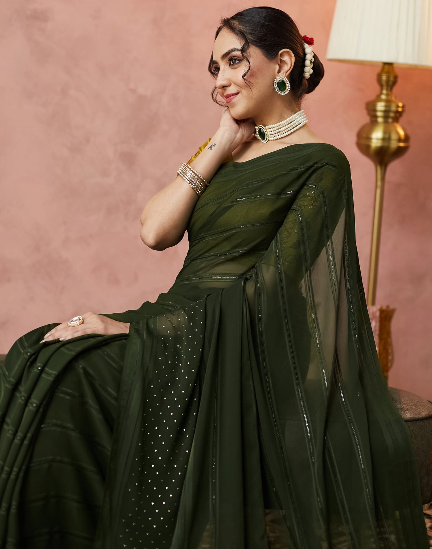 Olive Green Georgette Swarovski Embellished Saree