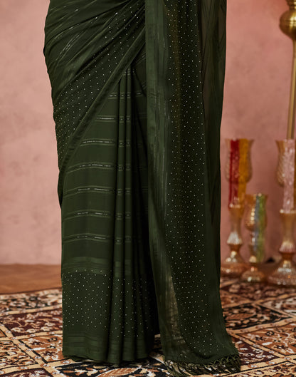 Olive Green Georgette Swarovski Embellished Saree