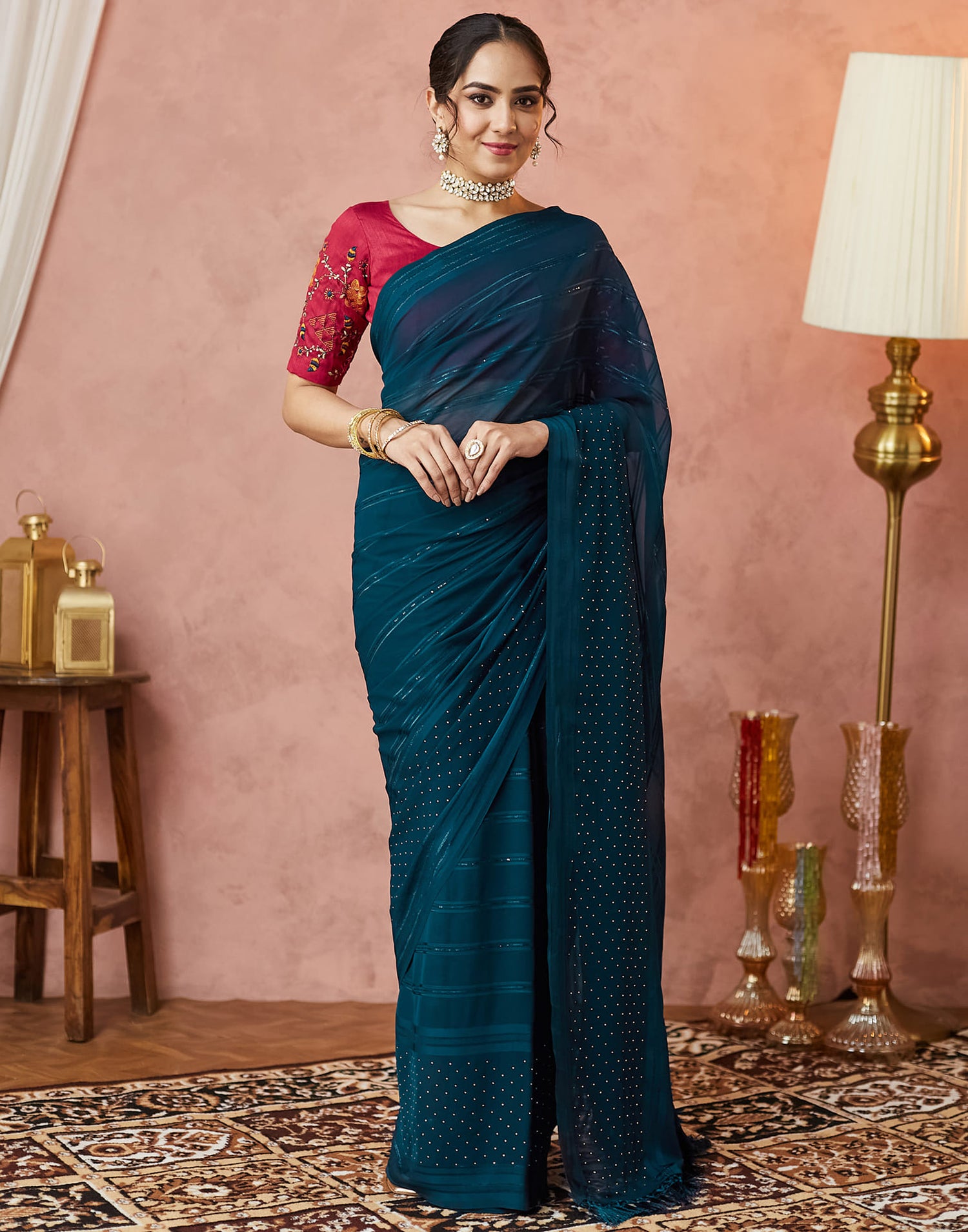 Dark Rama Blue Georgette Swarovski Embellished Saree