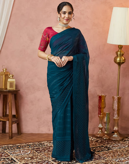 Dark Rama Blue Georgette Swarovski Embellished Saree