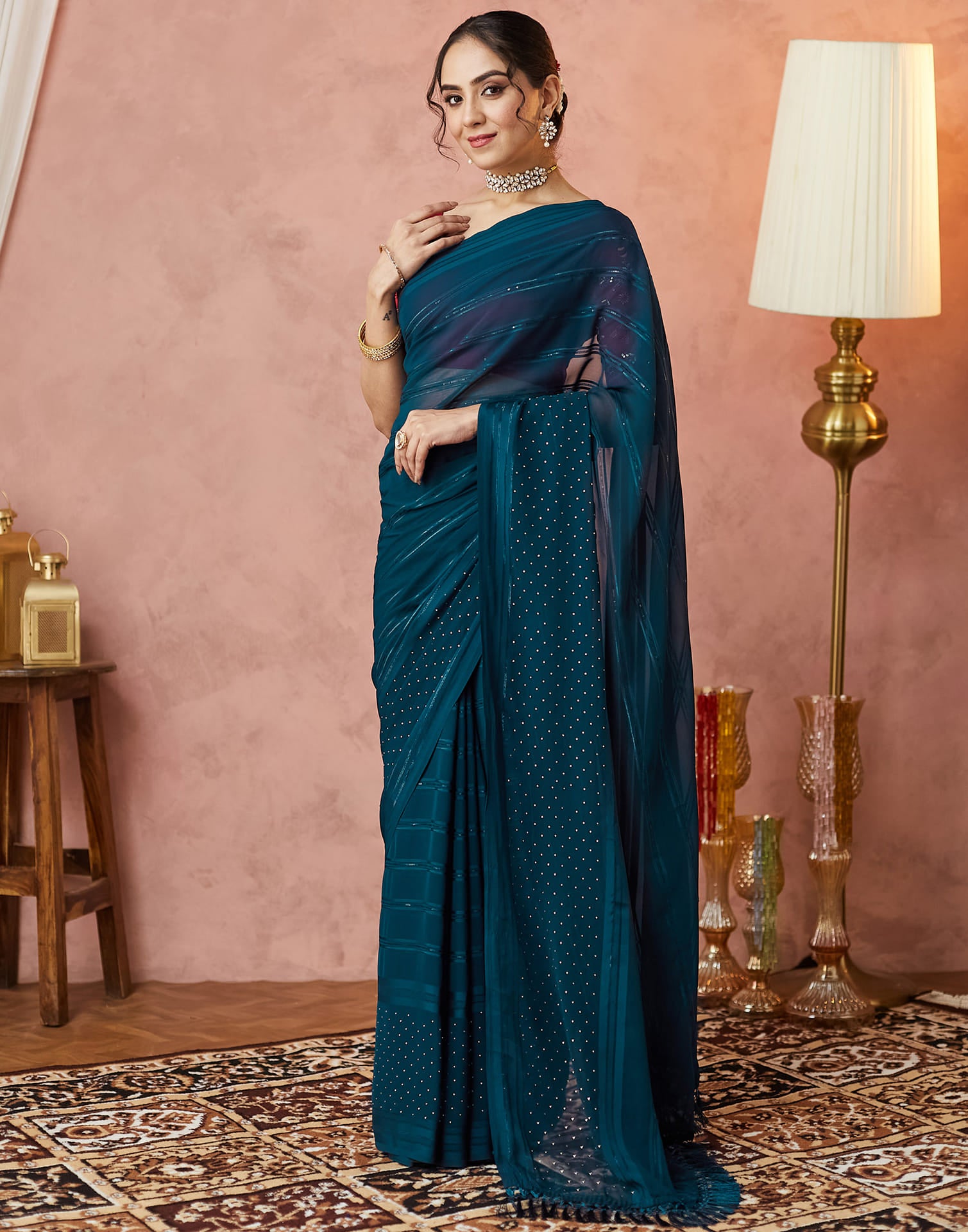 Dark Rama Blue Georgette Swarovski Embellished Saree