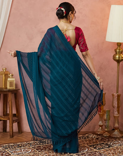 Dark Rama Blue Georgette Swarovski Embellished Saree