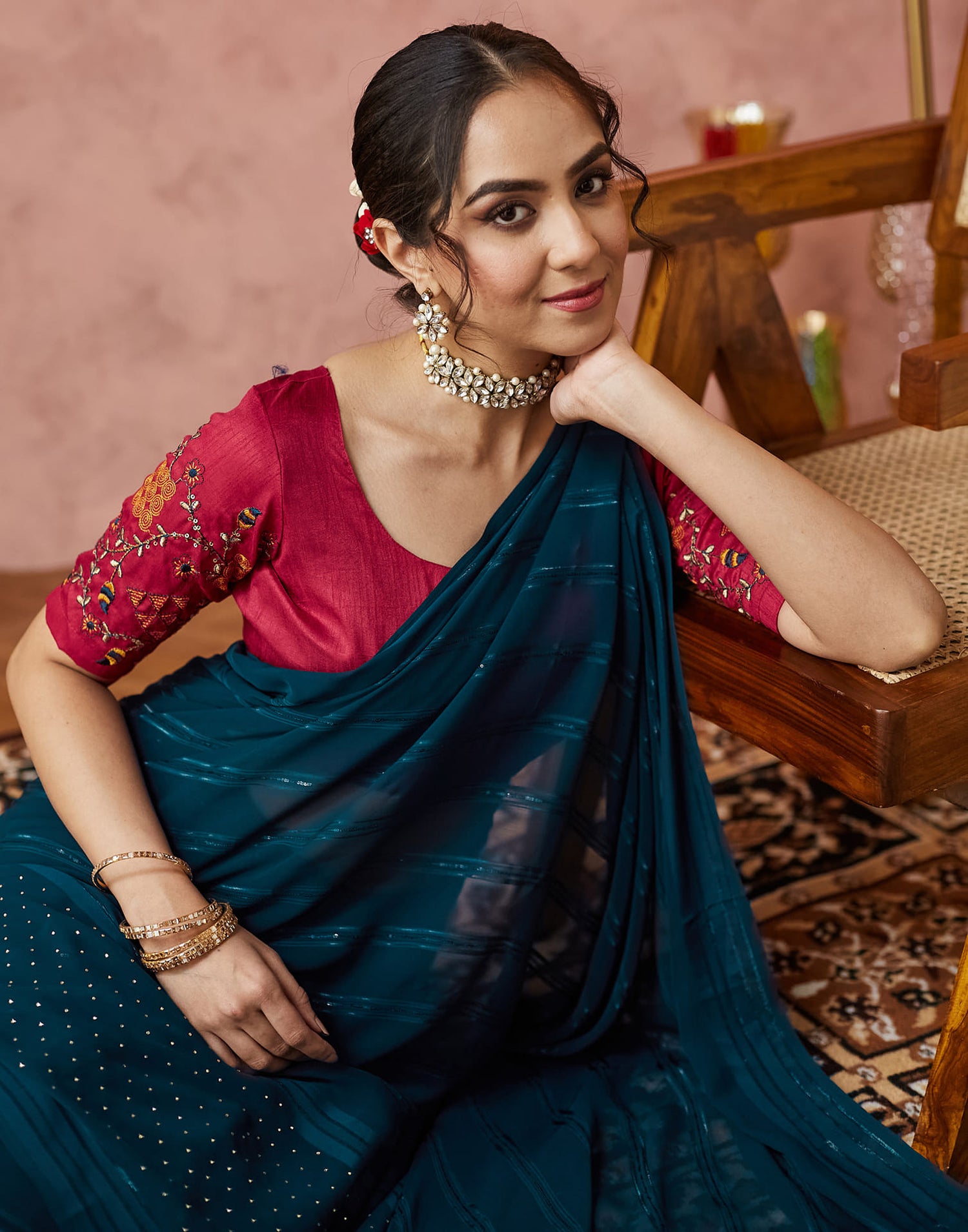 Dark Rama Blue Georgette Swarovski Embellished Saree