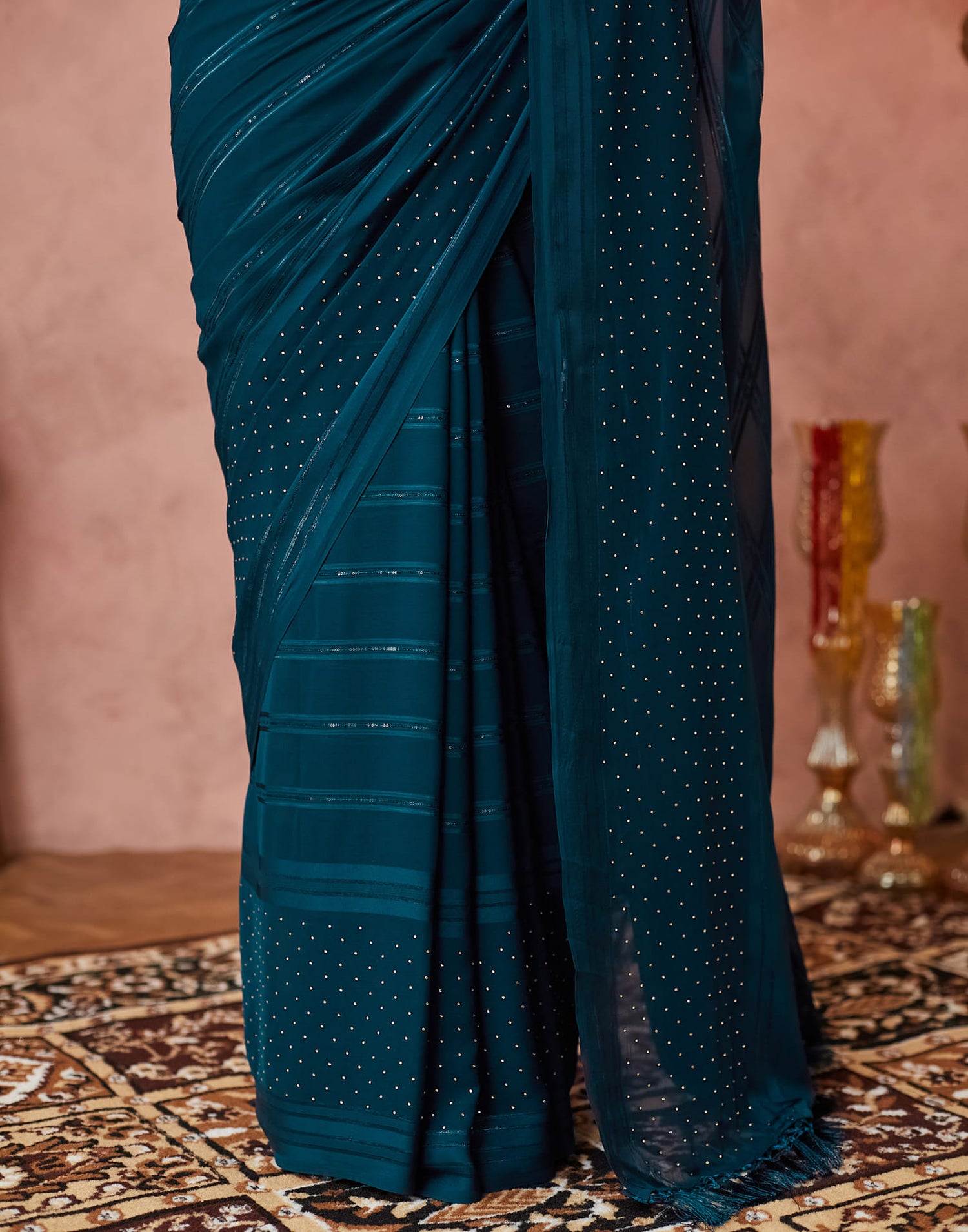 Dark Rama Blue Georgette Swarovski Embellished Saree