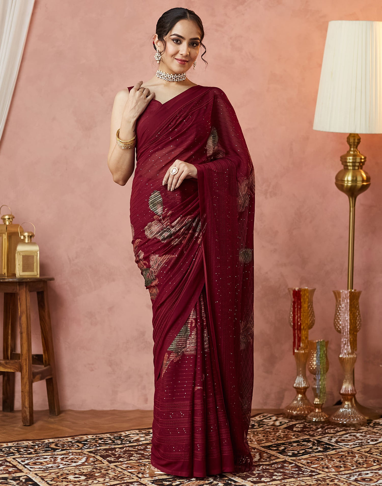 Maroon Georgette Sequence Embellished Saree