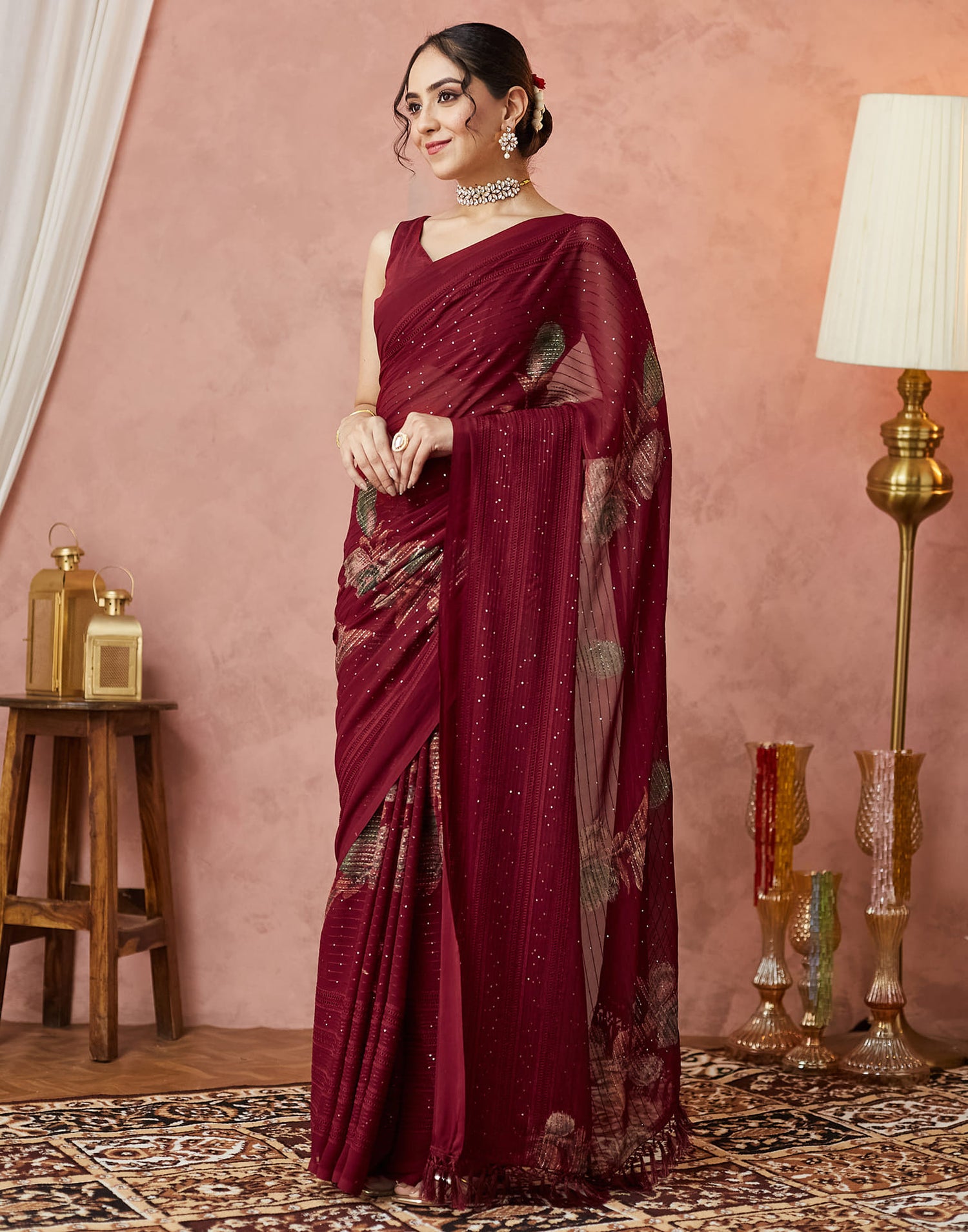 Maroon Georgette Sequence Embellished Saree