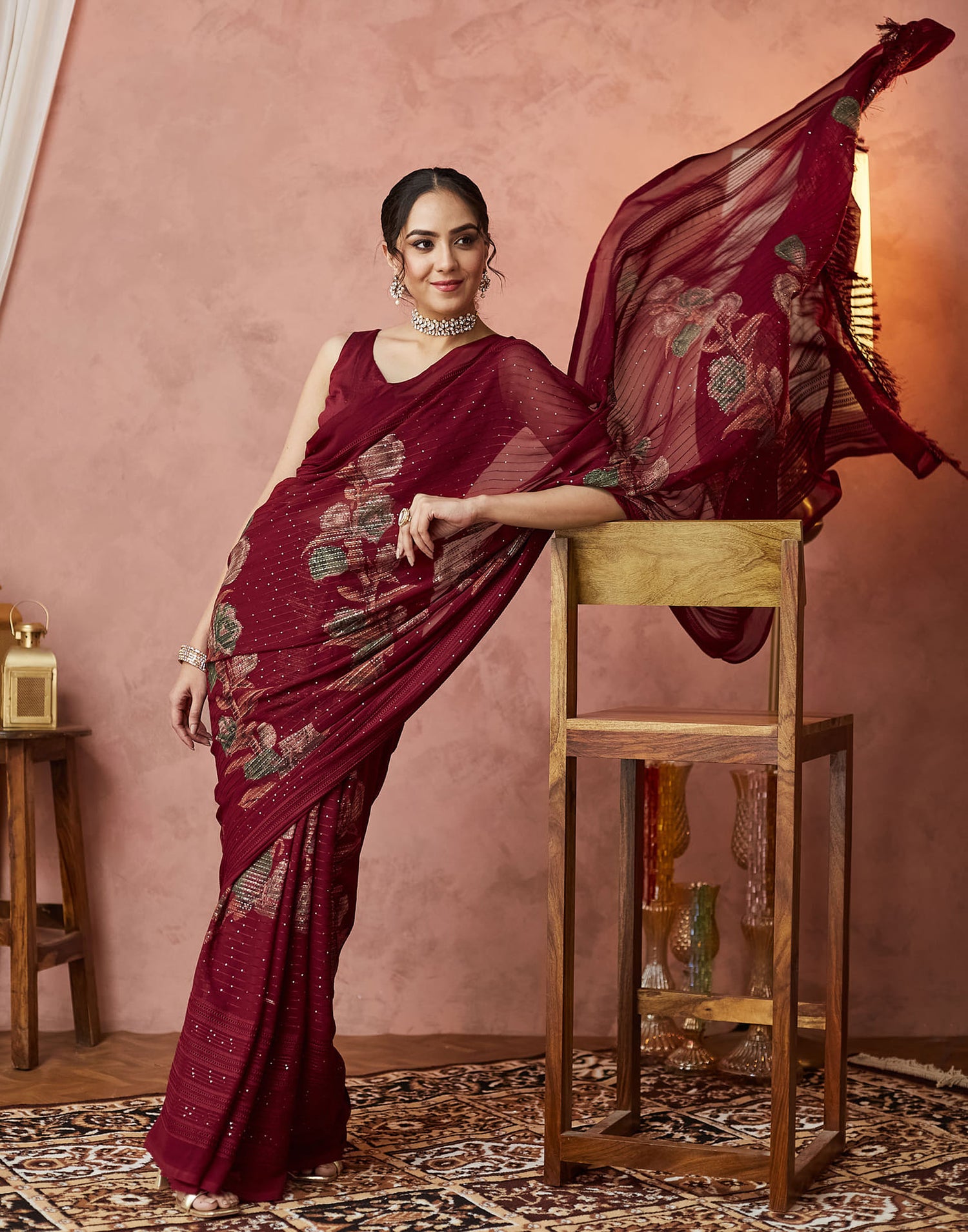 Maroon Georgette Sequence Embellished Saree