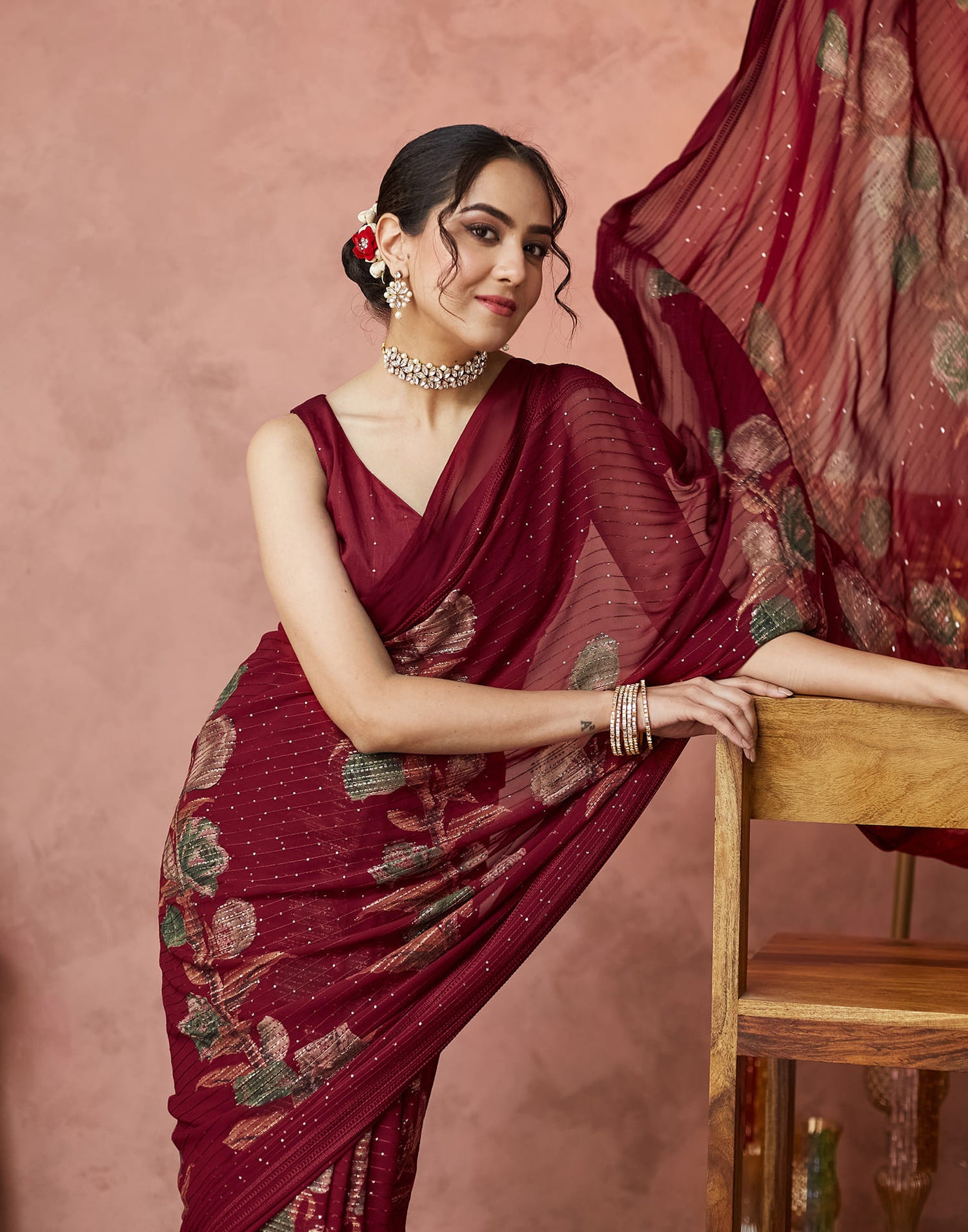 Maroon Georgette Sequence Embellished Saree