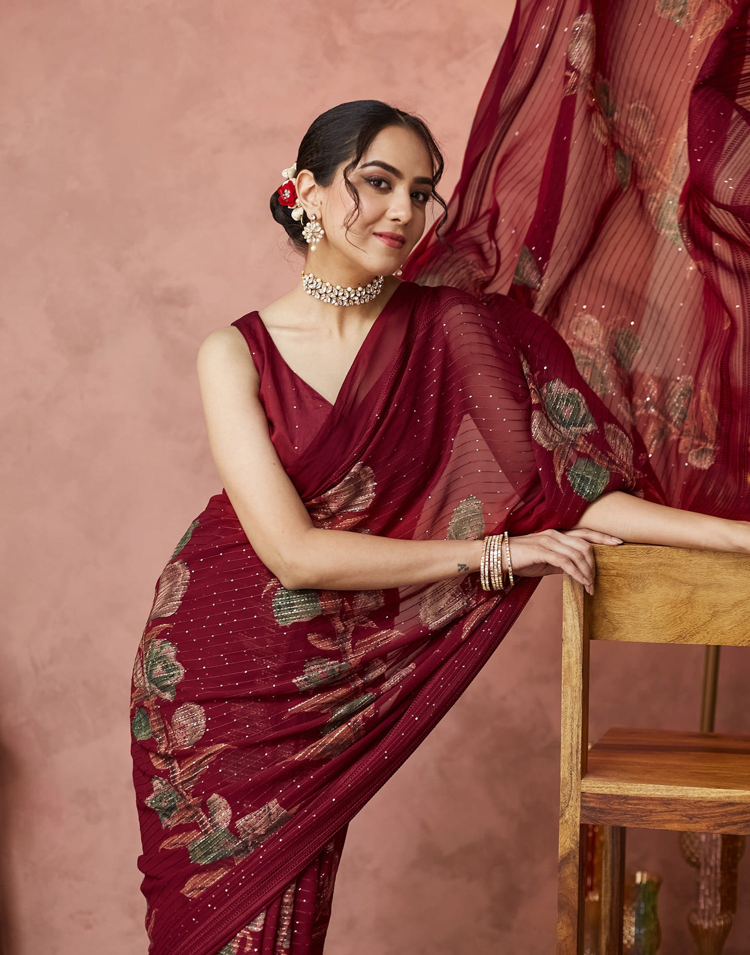 Maroon Georgette Sequence Embellished Saree