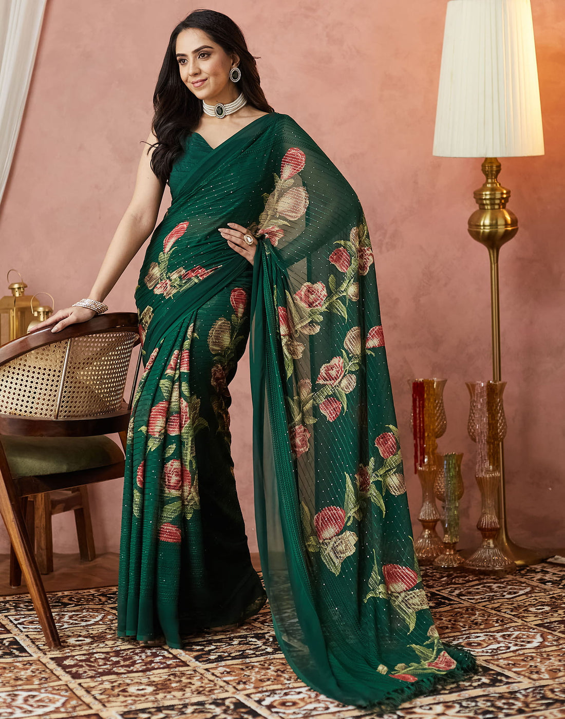 Dark Green Georgette Sequence Embellished Saree