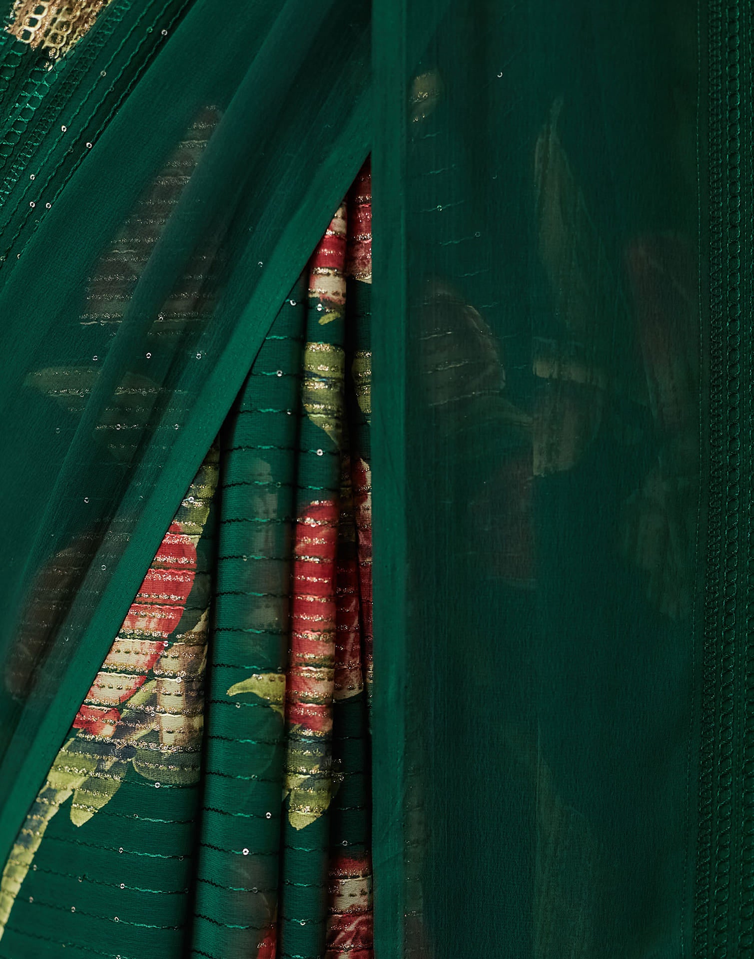 Dark Green Georgette Sequence Embellished Saree