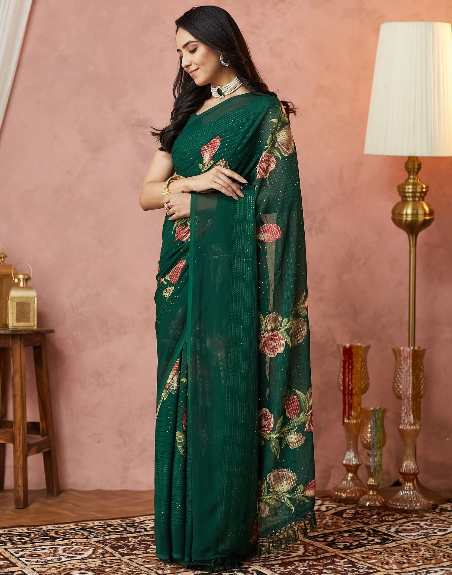 Dark Green Georgette Sequence Embellished Saree