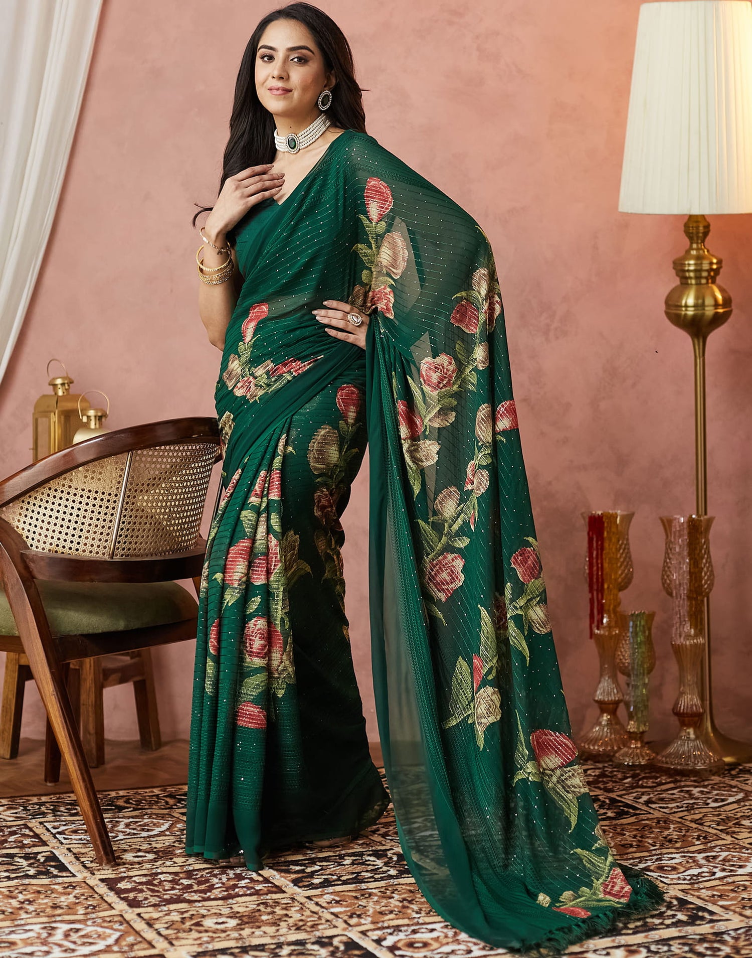 Dark Green Georgette Sequence Embellished Saree