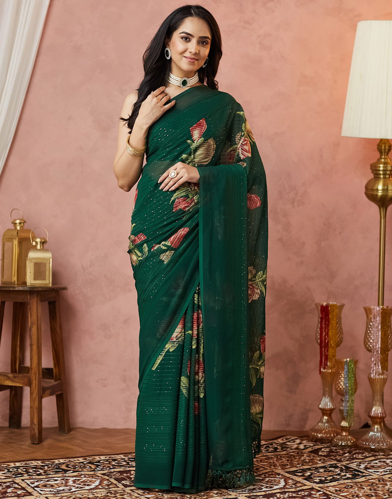 Dark Green Georgette Sequence Embellished Saree