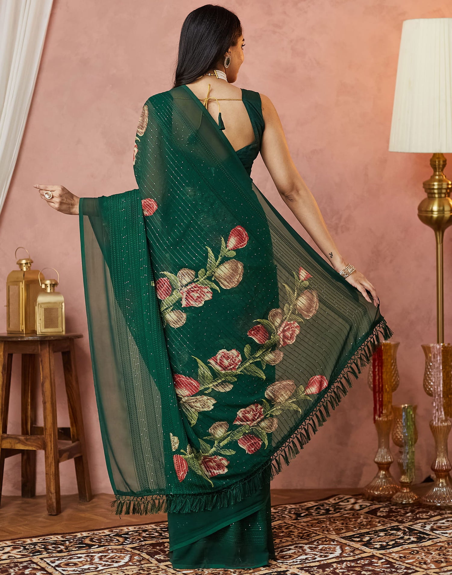 Dark Green Georgette Sequence Embellished Saree