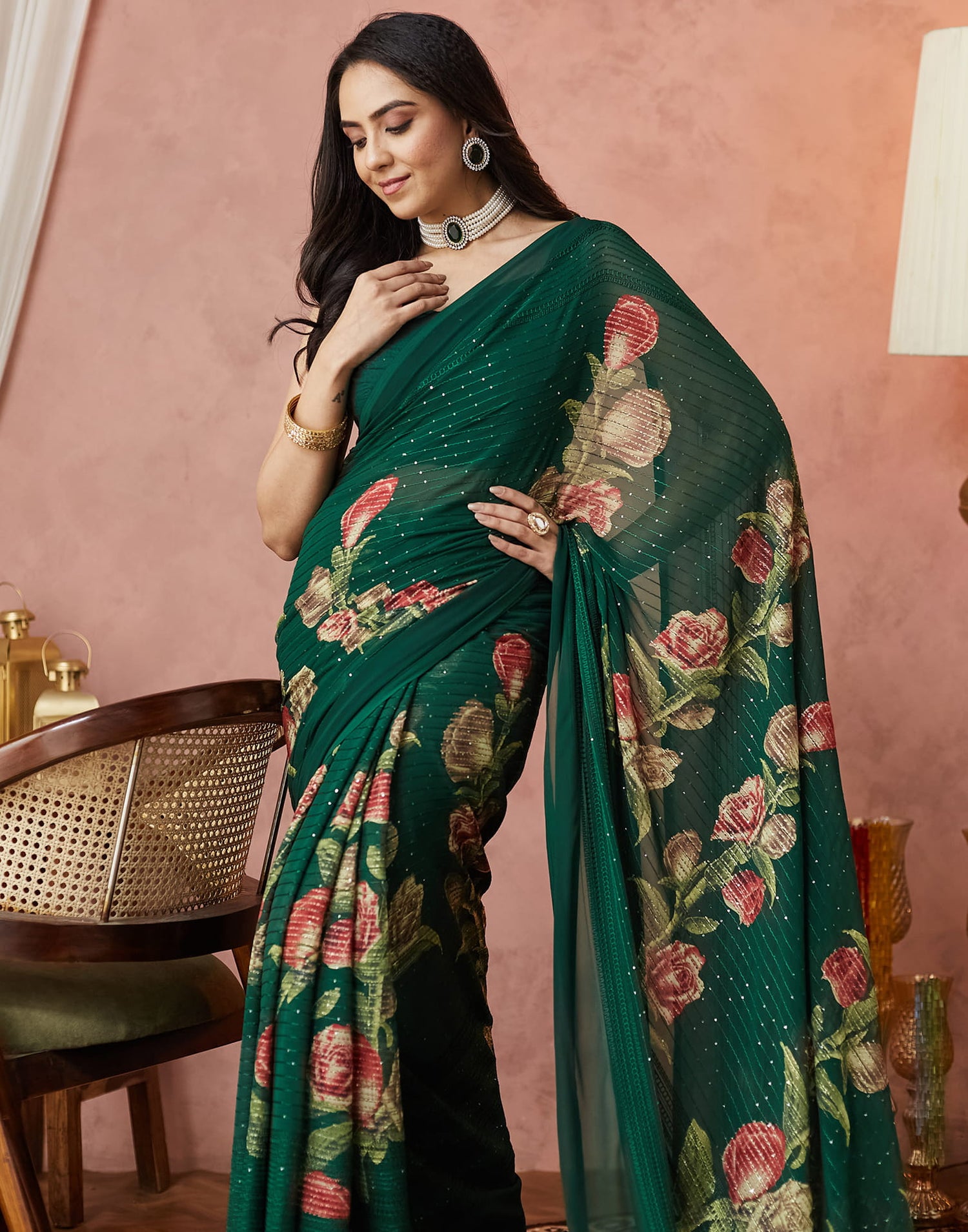 Dark Green Georgette Sequence Embellished Saree