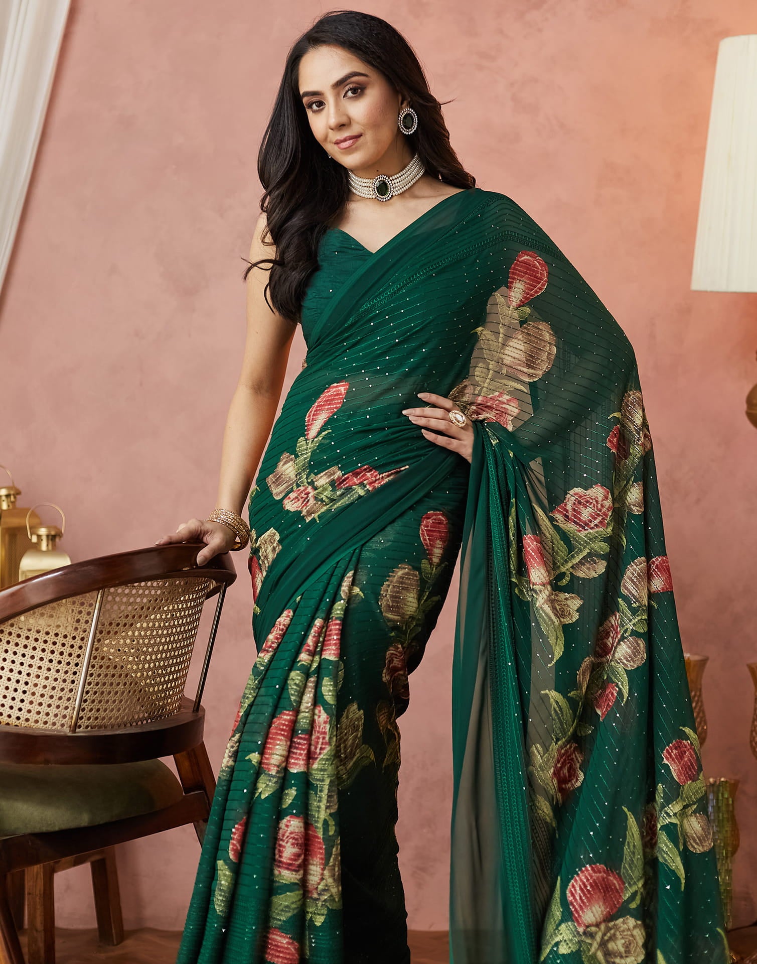 Dark Green Georgette Sequence Embellished Saree