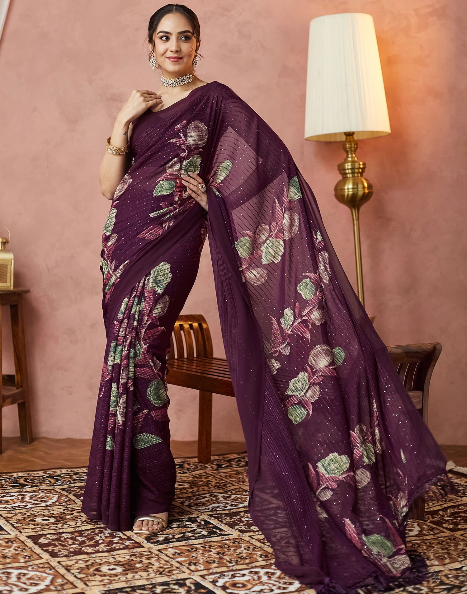 Wine Georgette Sequence Embellished Saree