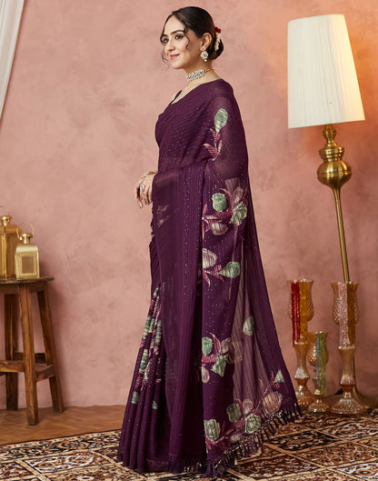 Wine Georgette Sequence Embellished Saree