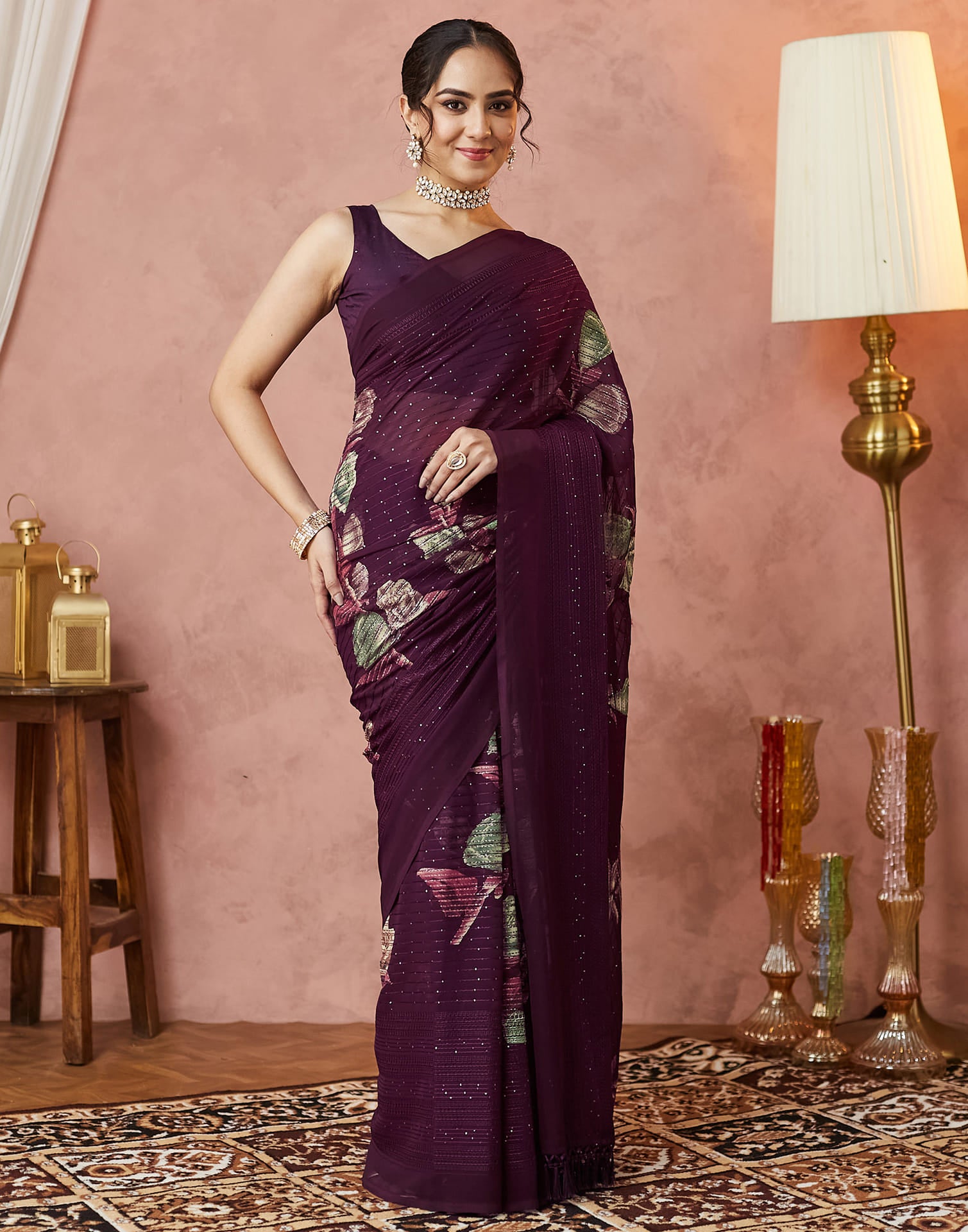 Wine Georgette Sequence Embellished Saree