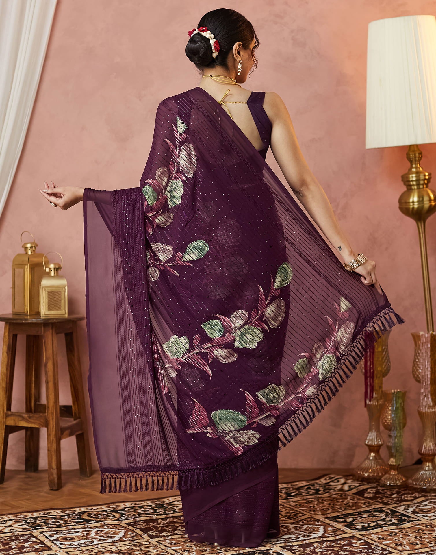 Wine Georgette Sequence Embellished Saree