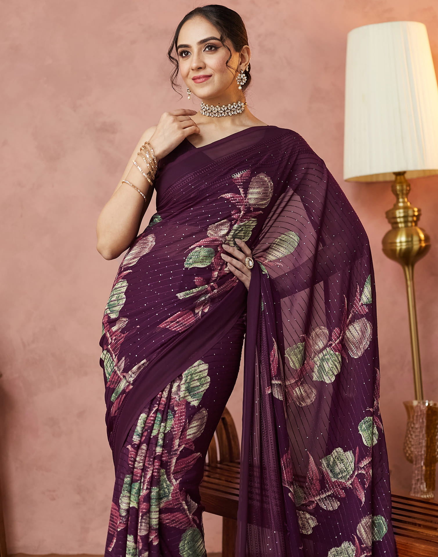 Wine Georgette Sequence Embellished Saree