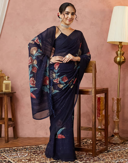 Navy Blue Georgette Sequence Embellished Saree