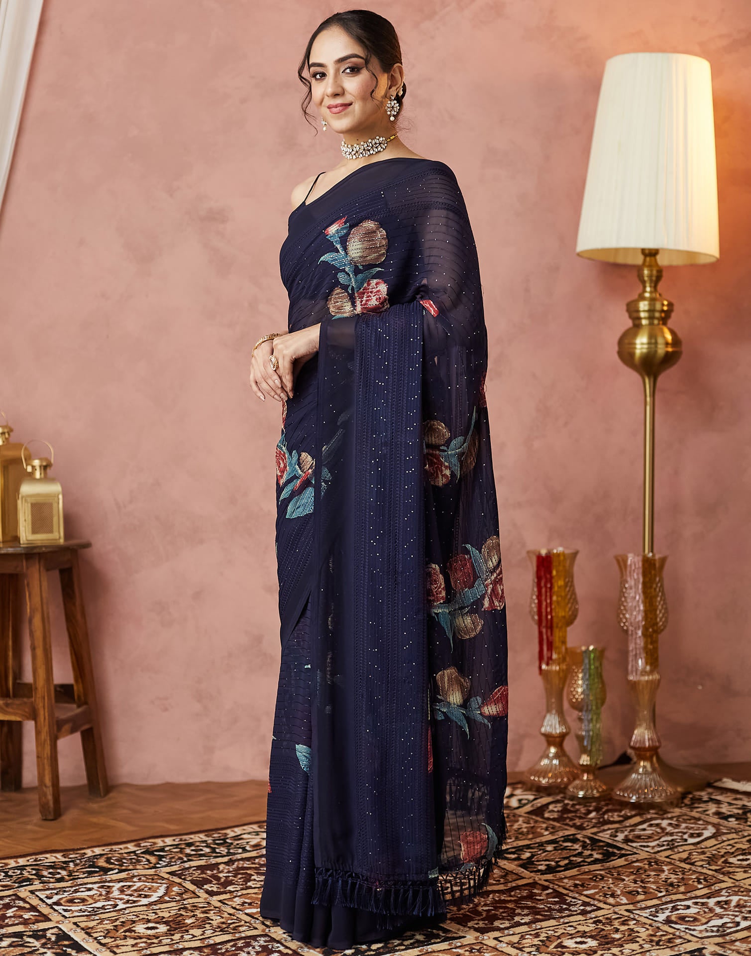 Navy Blue Georgette Sequence Embellished Saree