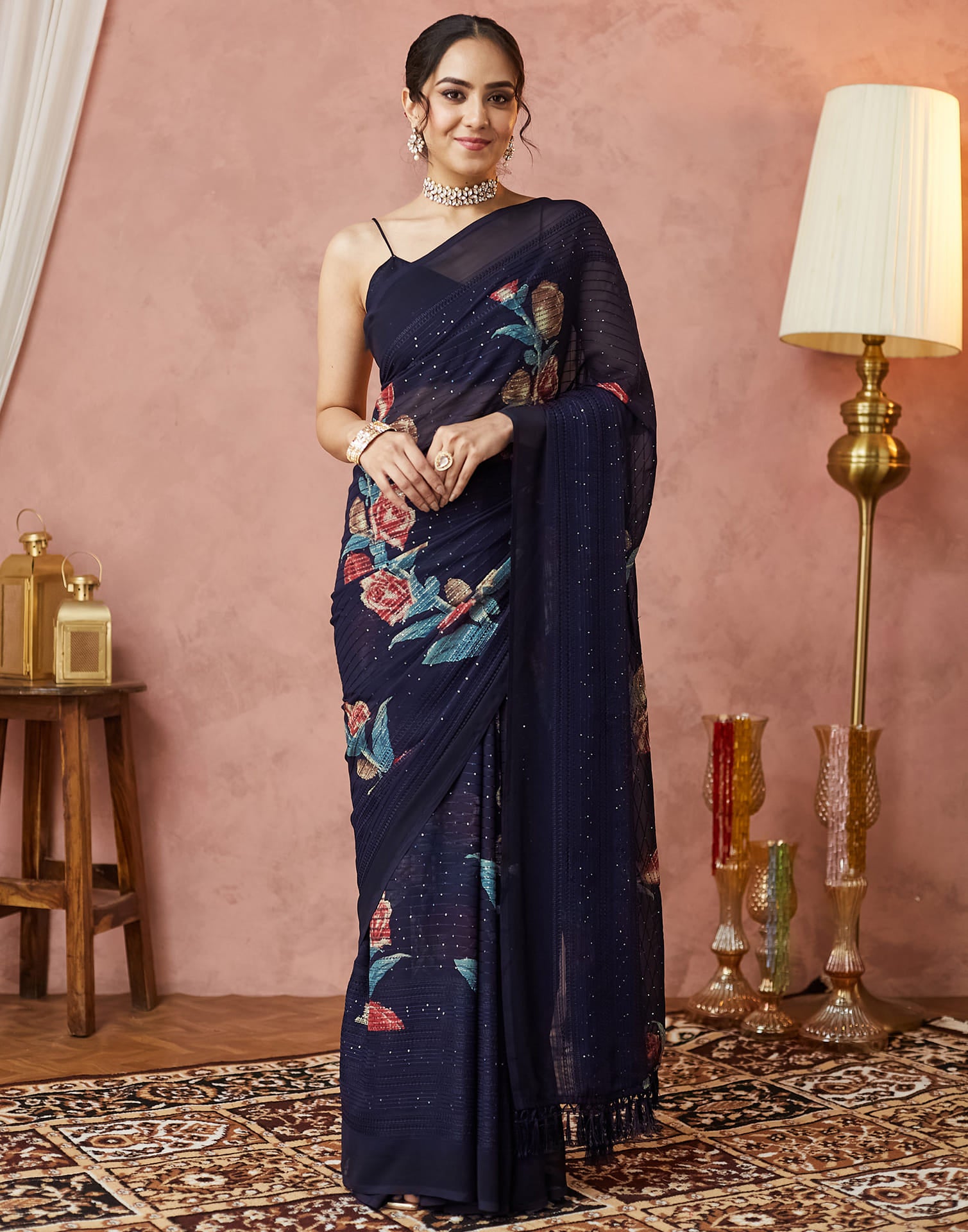 Navy Blue Georgette Sequence Embellished Saree