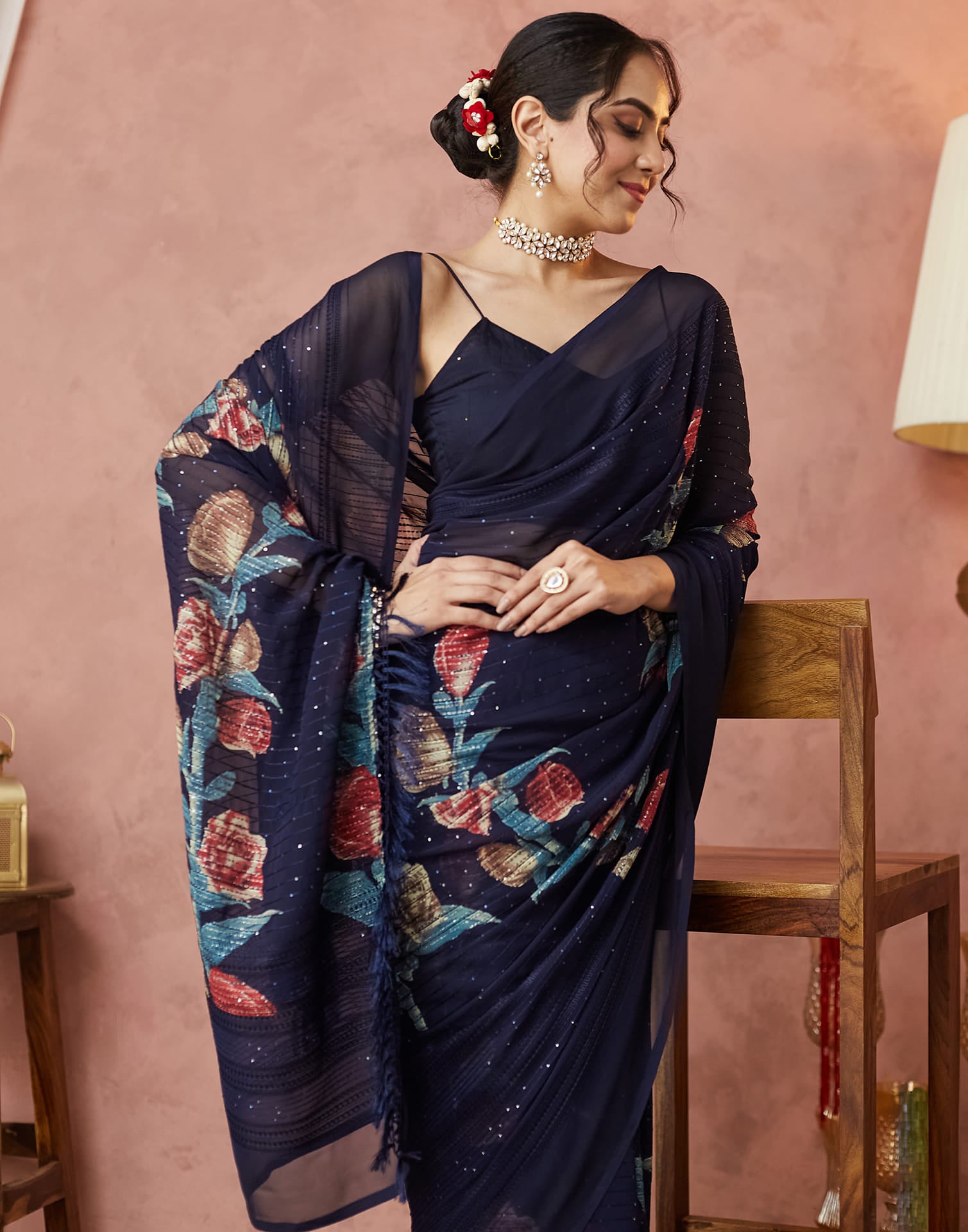 Navy Blue Georgette Sequence Embellished Saree