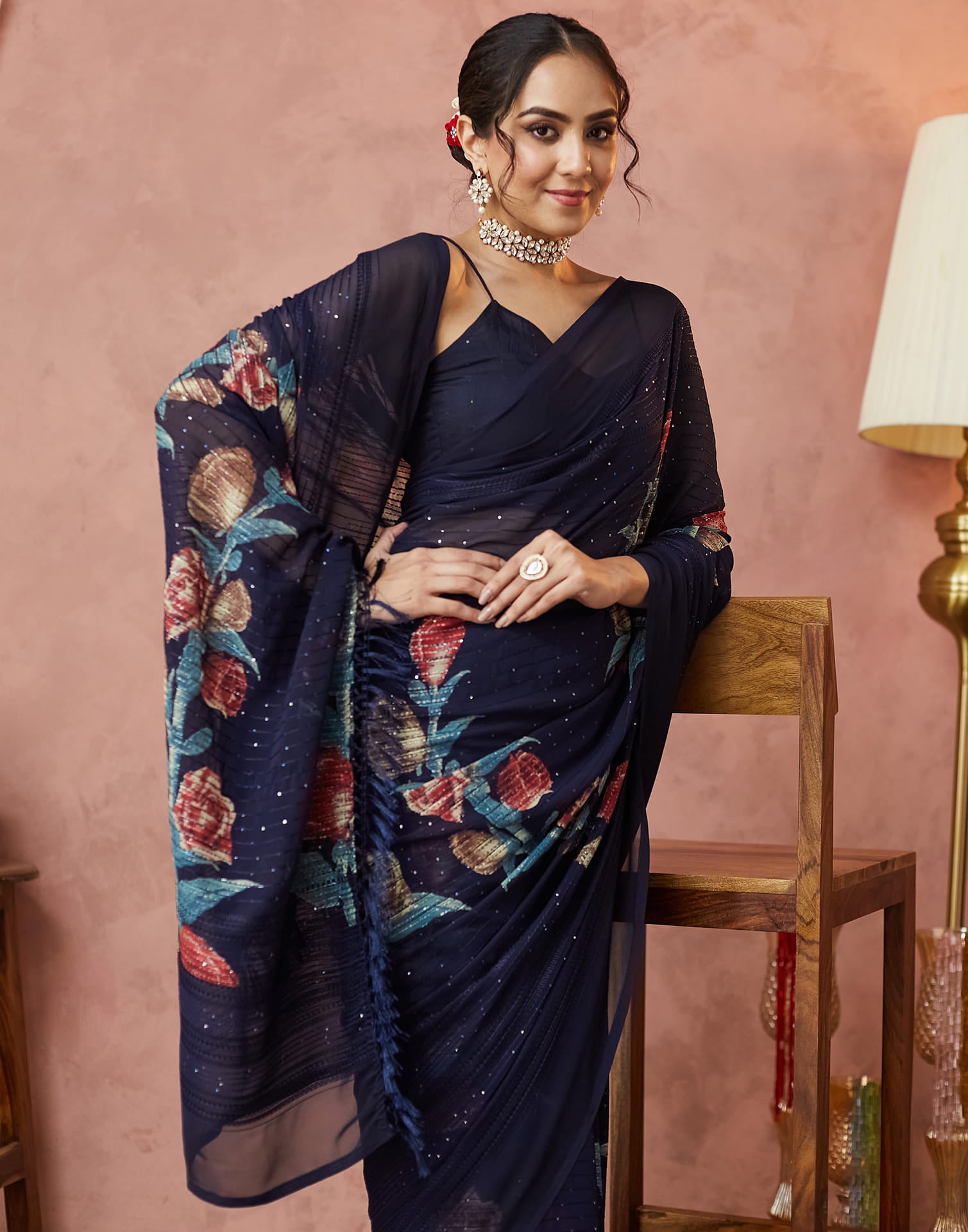 Navy Blue Georgette Sequence Embellished Saree