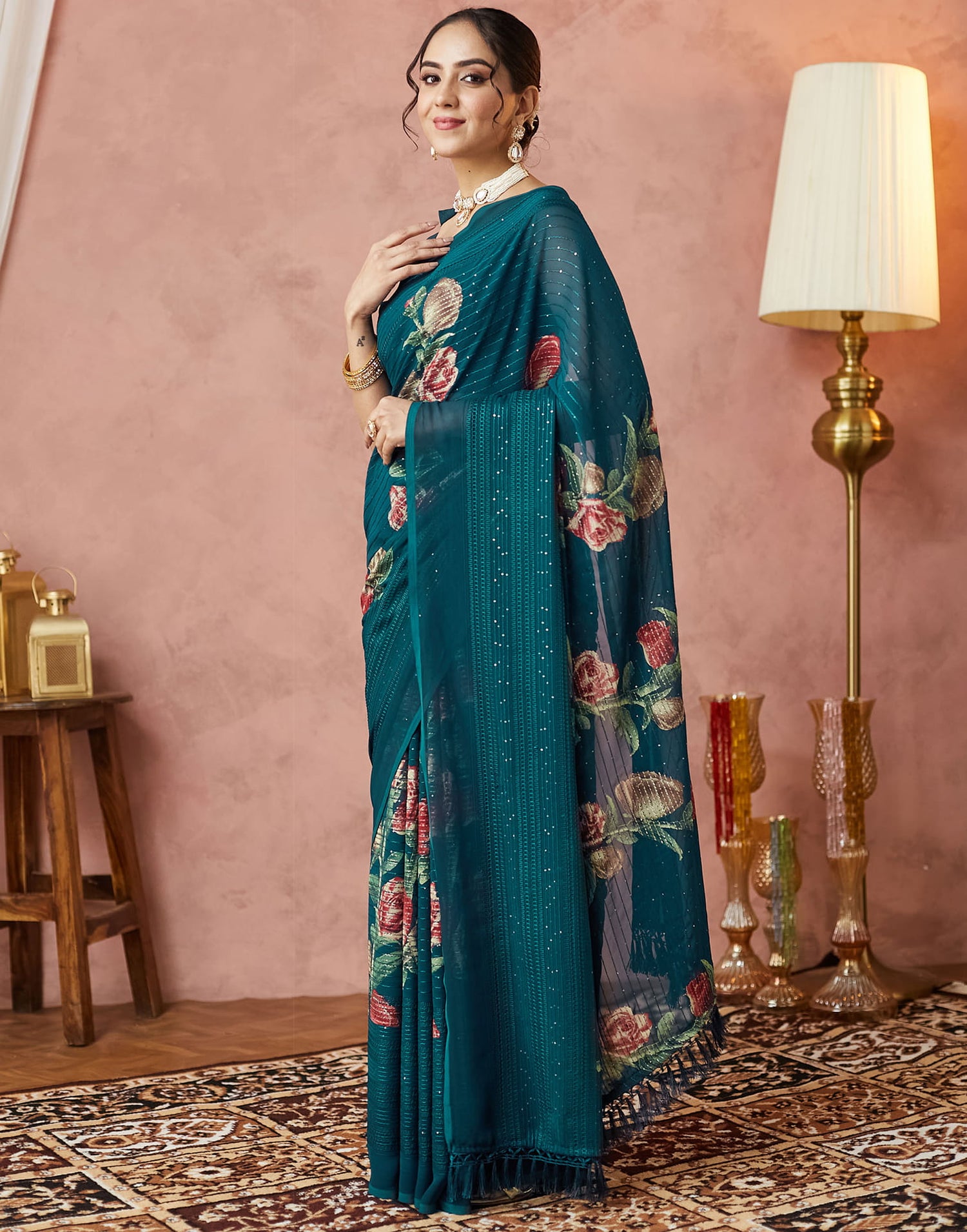 Rama Green Georgette Sequence Embellished Saree